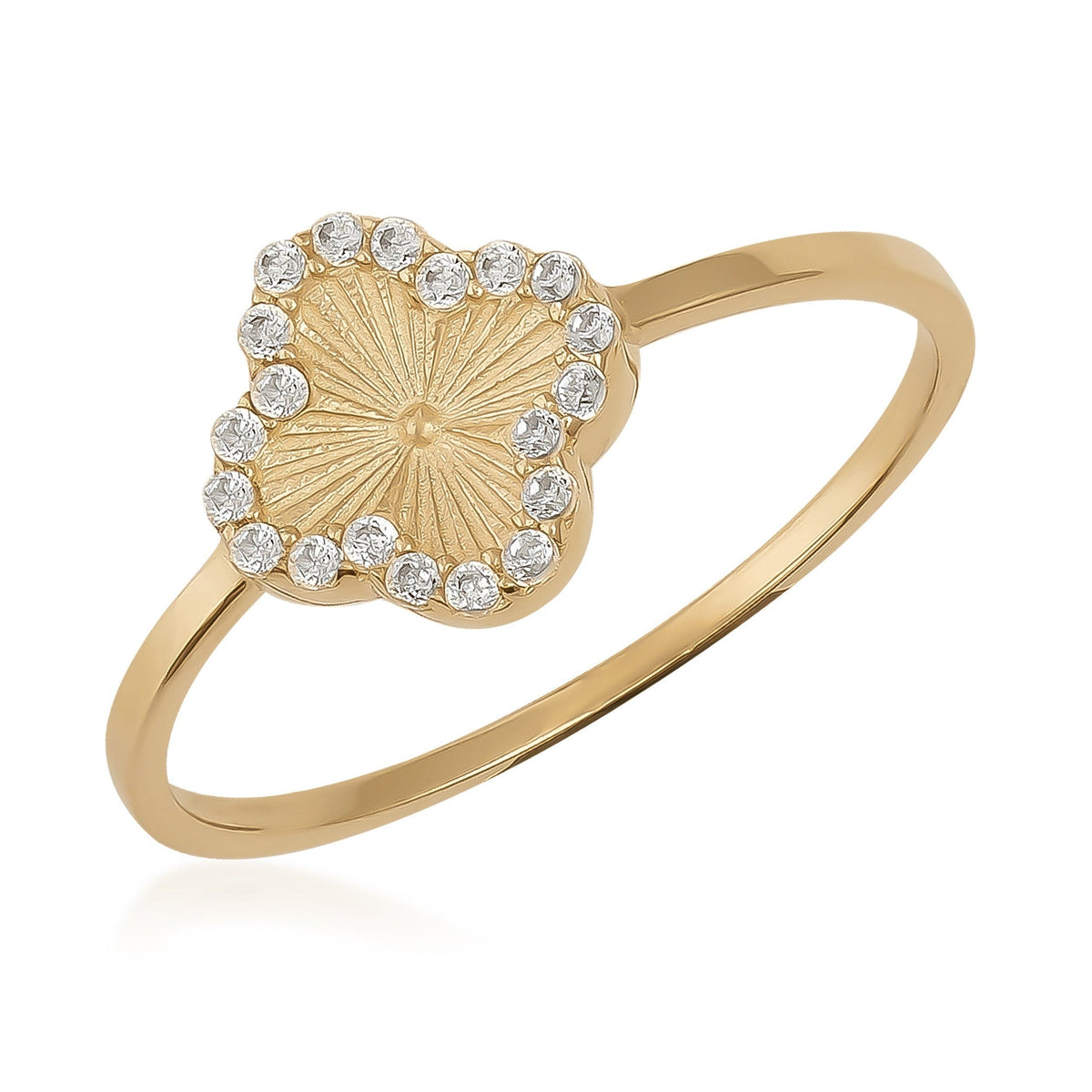 14K gold ring with four-leaf clover design and cubic zirconia accents on white background