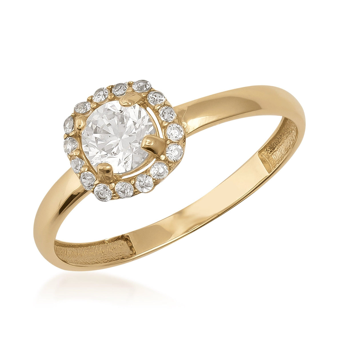 14K gold ring with round center stone and halo of small clear cubic zirconia