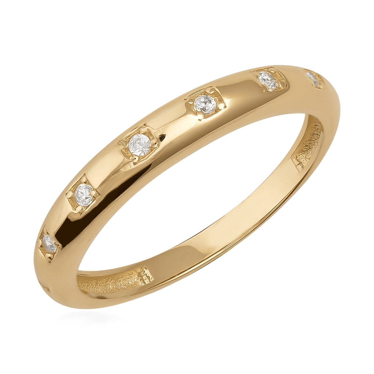 Polished 14K gold ring with evenly spaced round cubic zirconia in bezel settings on white background