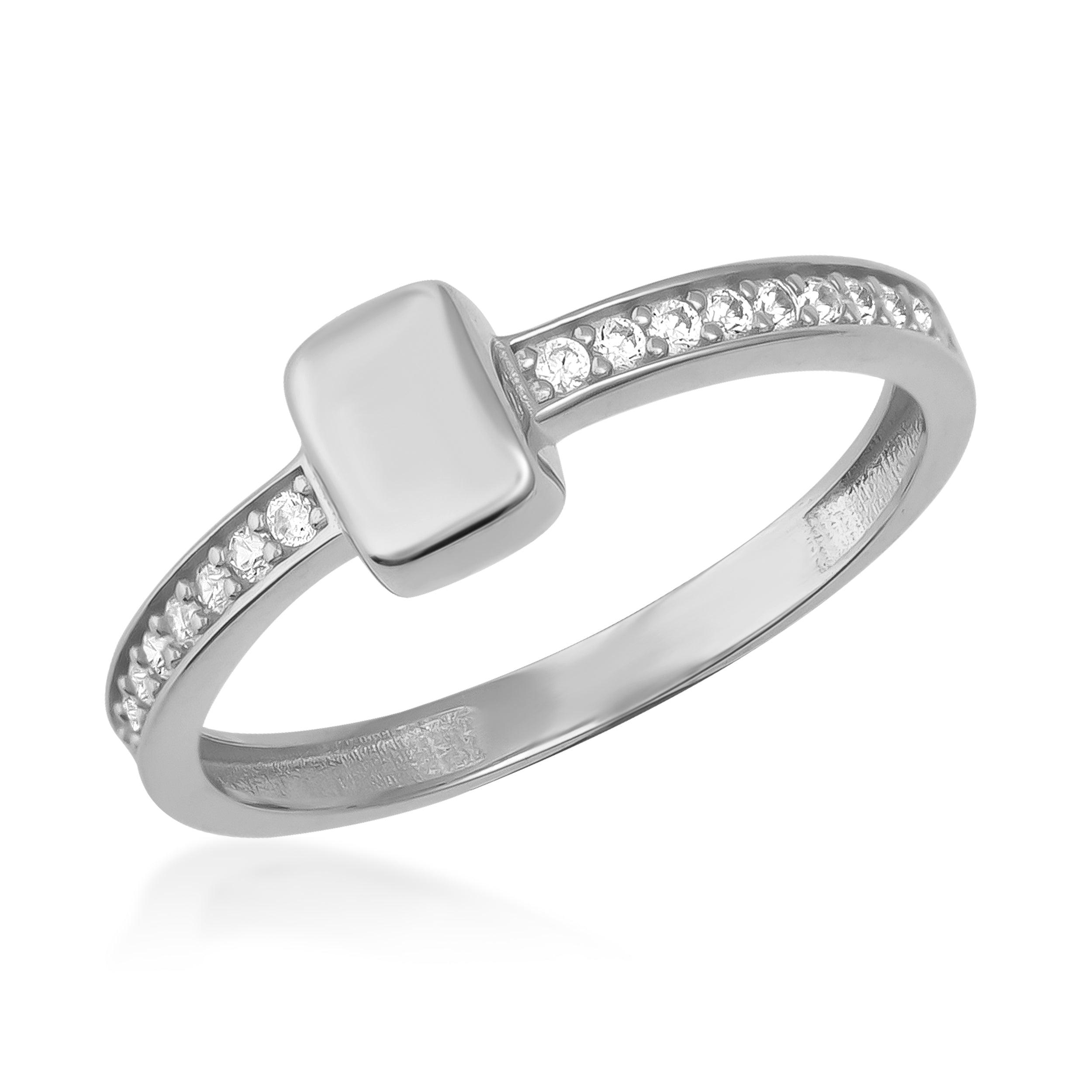 White gold ring with small diamonds and a modern rectangular centerpiece