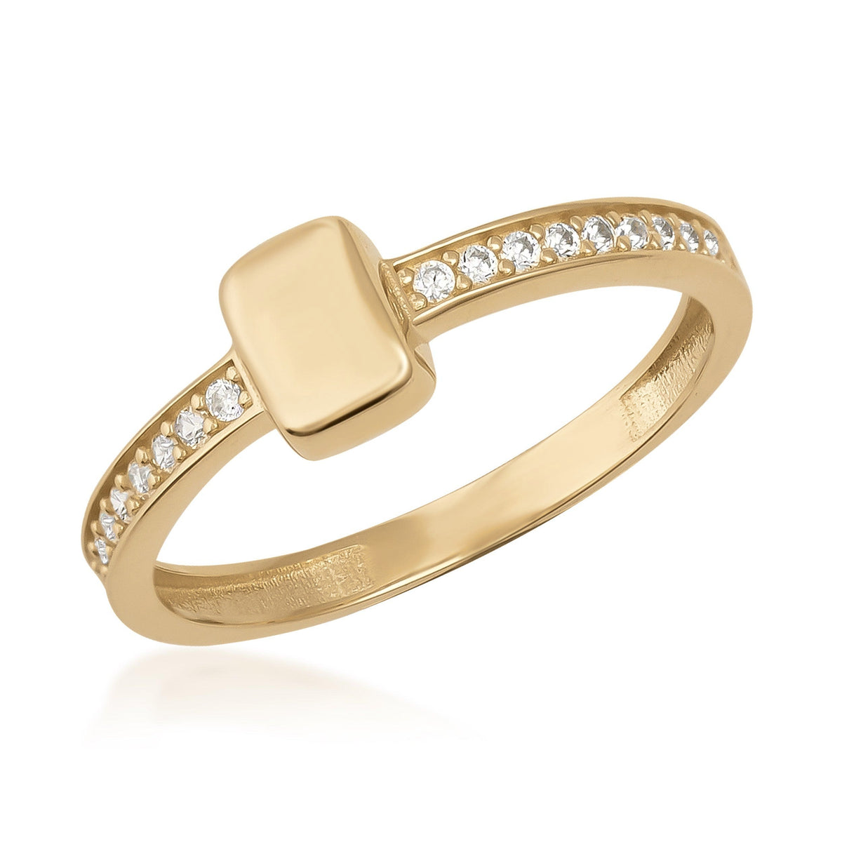 14K gold ring with rectangular center and pavé-set clear cubic zirconia on band
