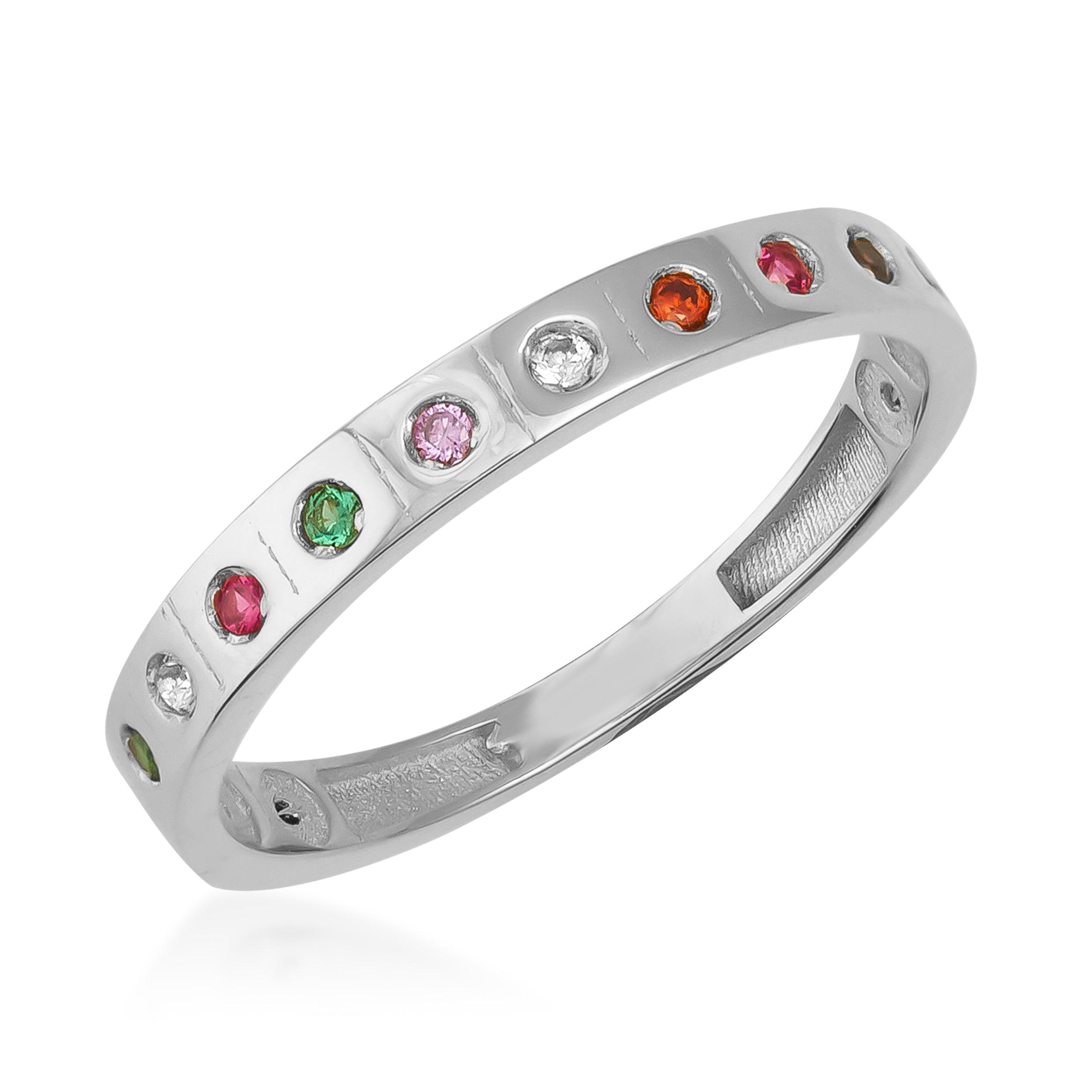 White gold band ring with round multicolor gemstones set in a polished finish