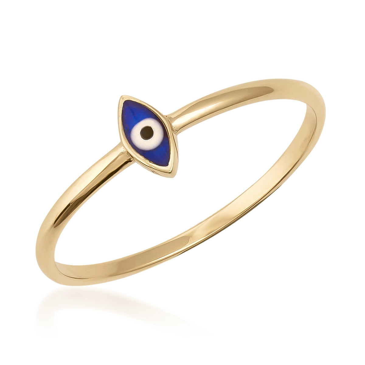 14K gold ring with blue evil eye enamel charm, delicate minimalist jewelry on white background