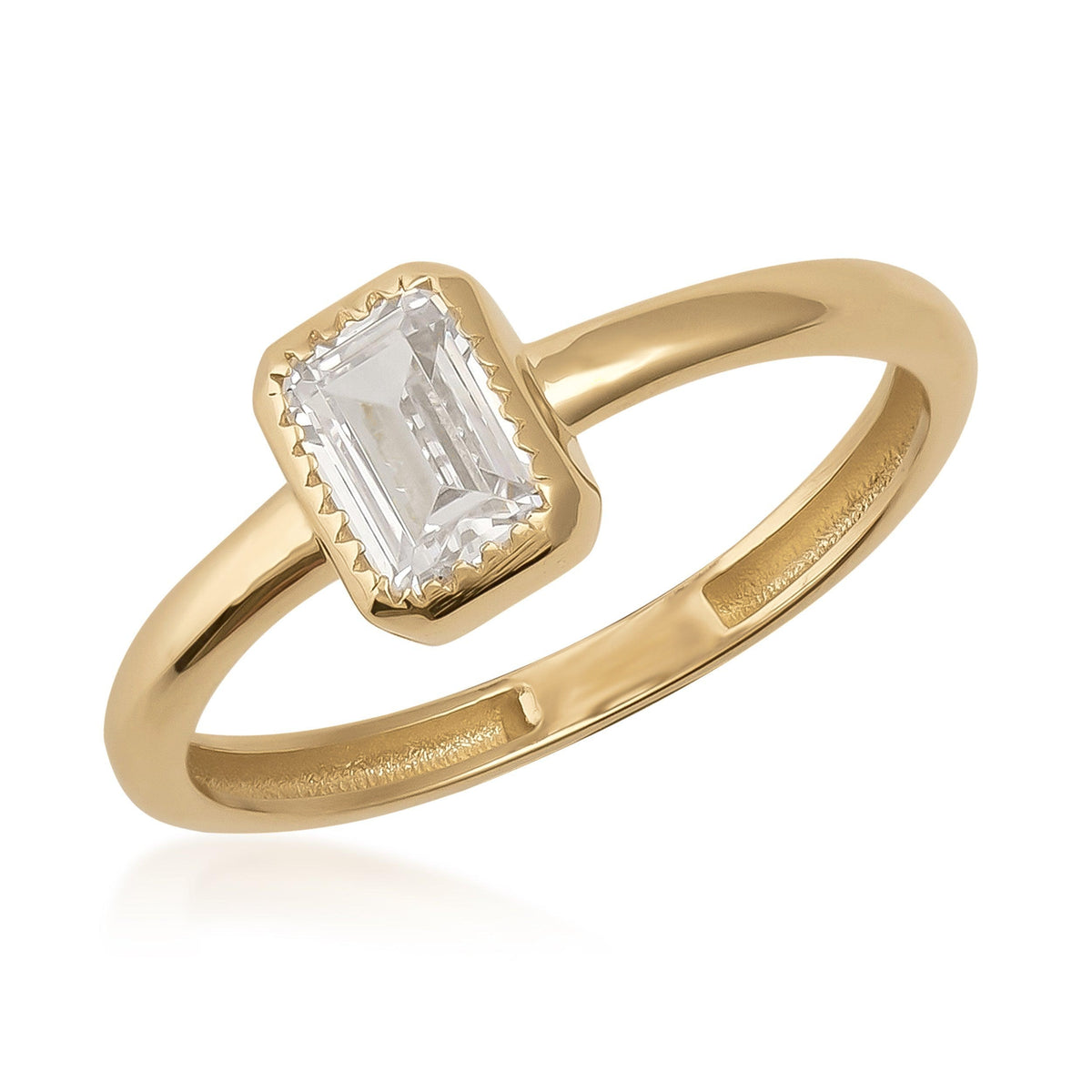 14K gold ring with rectangular emerald-cut clear cubic zirconia in bezel setting, close-up
