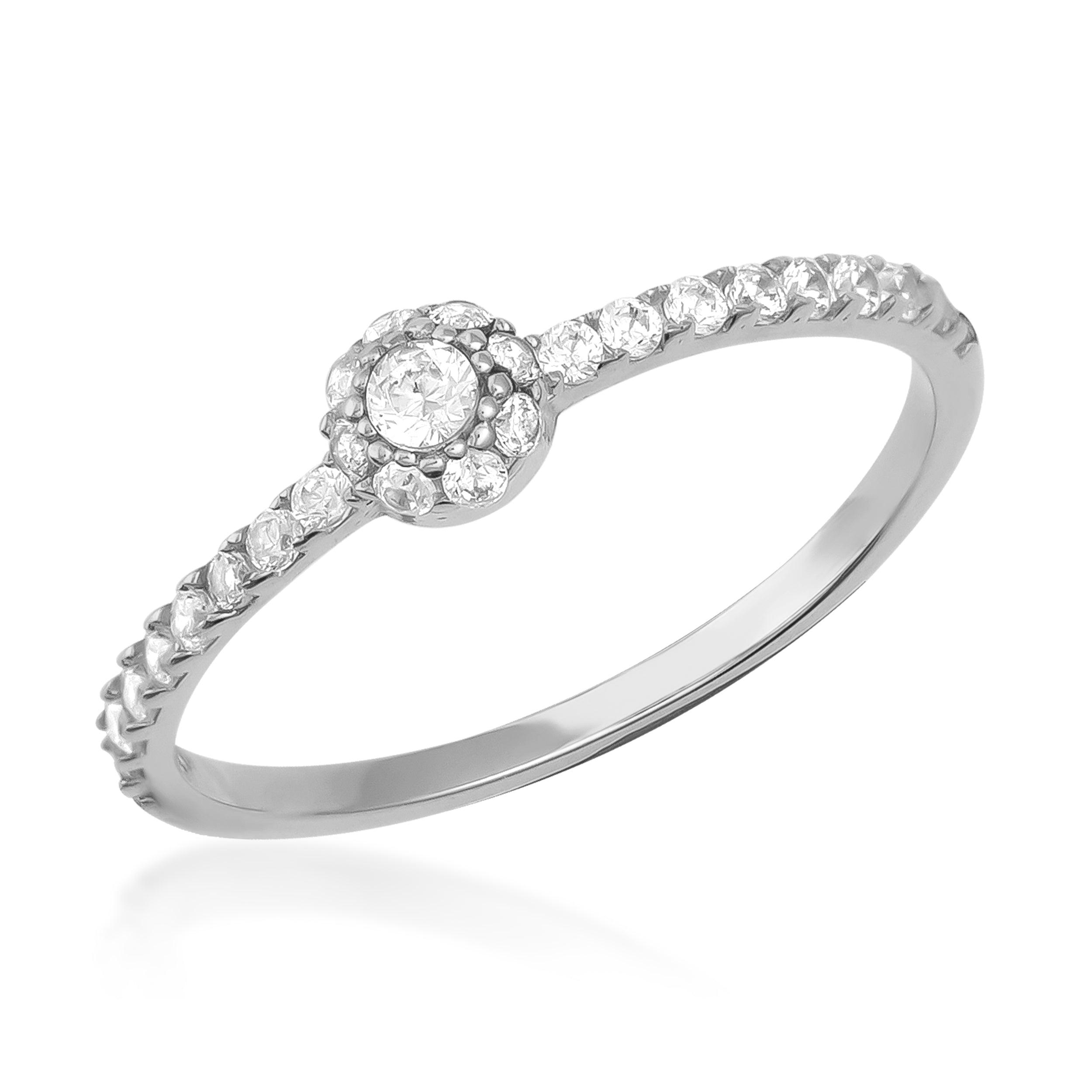 Elegant white gold halo diamond ring with a round center stone and pavé band