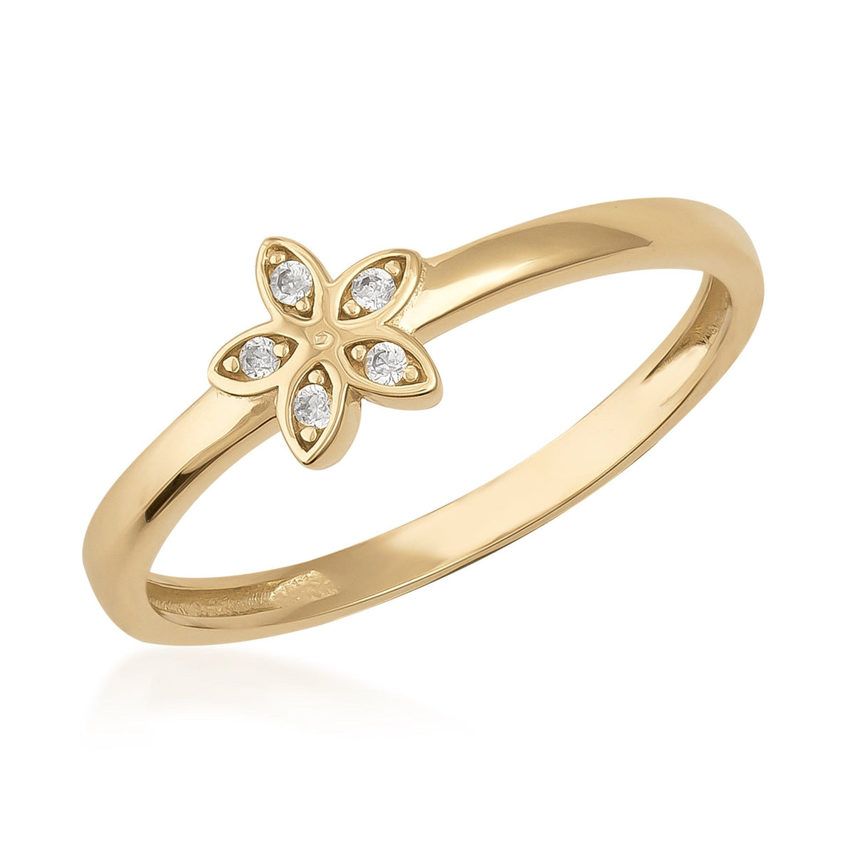 14K gold flower ring with cubic zirconia accents on a white background