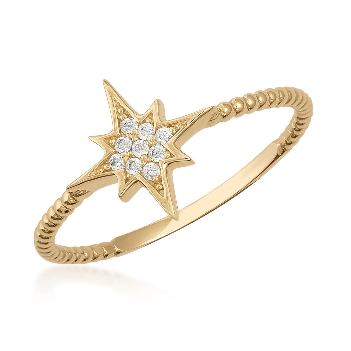 14K gold starburst ring with round white stones and textured band, elegant jewelry design