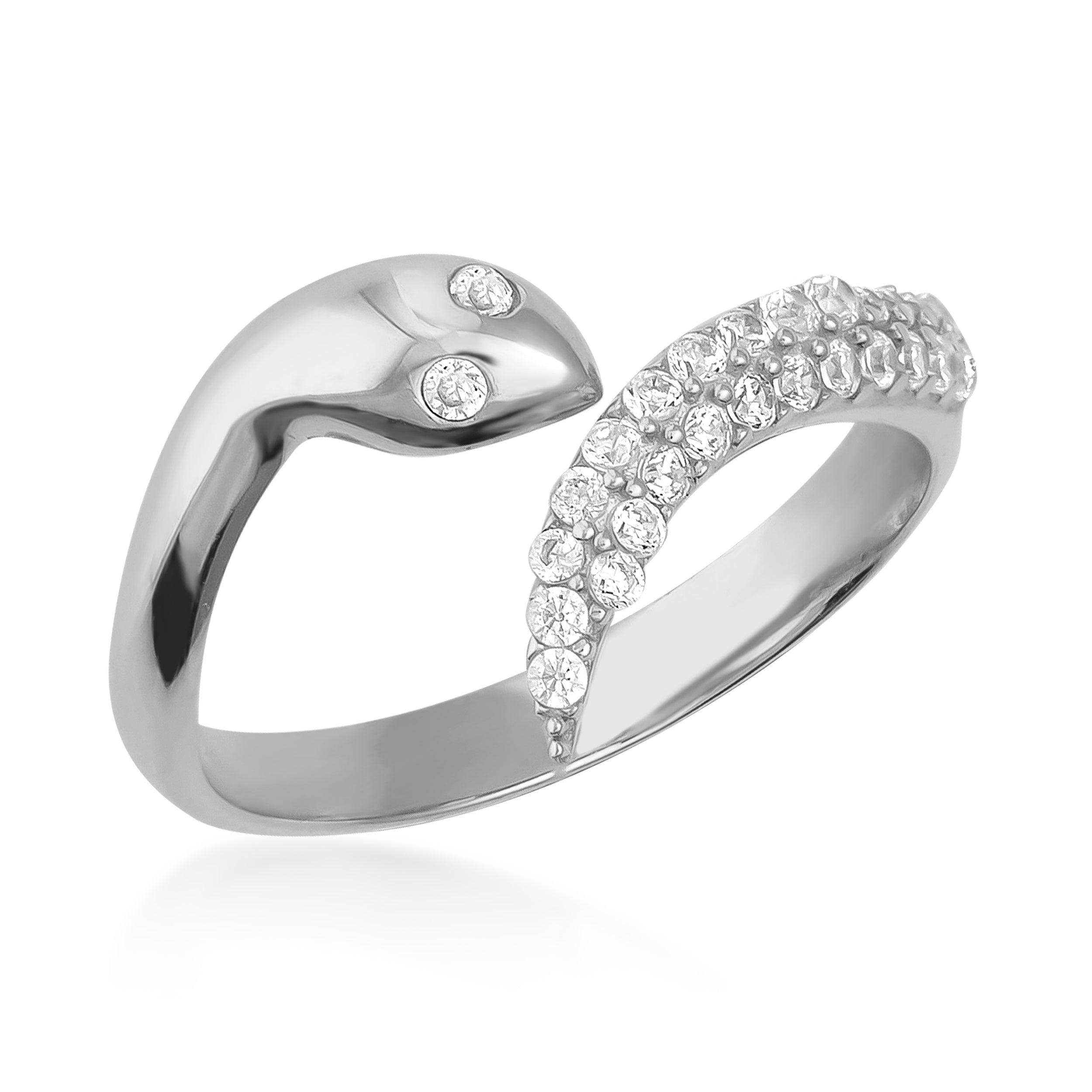 Silver snake-shaped ring with sparkling clear gemstones, elegant and modern jewelry design