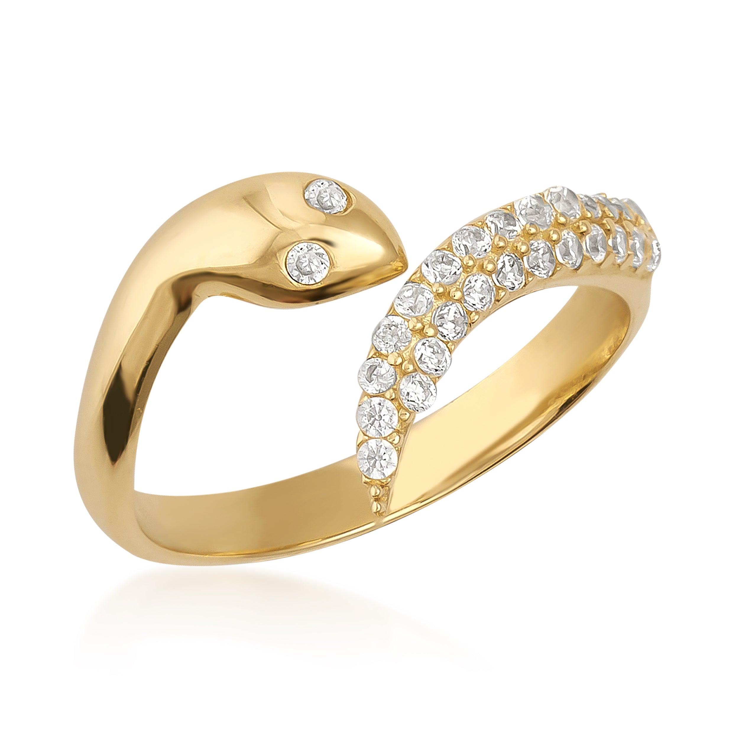 Gold snake-shaped ring with clear gemstones and polished finish