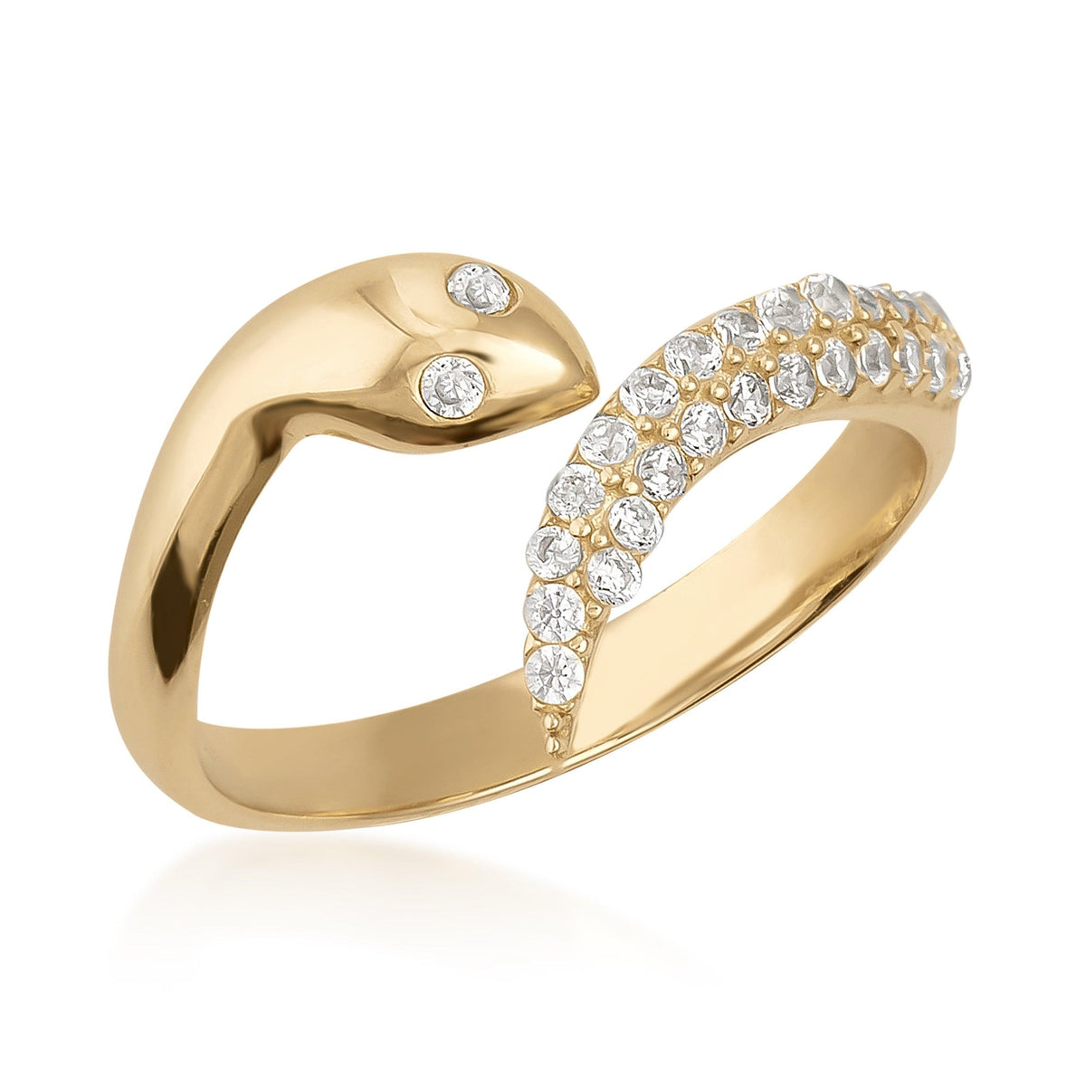 14K gold snake-shaped ring with clear cubic zirconia and polished finish