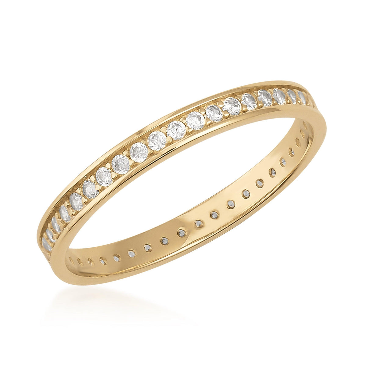 14K gold band ring with round white cubic zirconia in a channel setting, isolated on white background