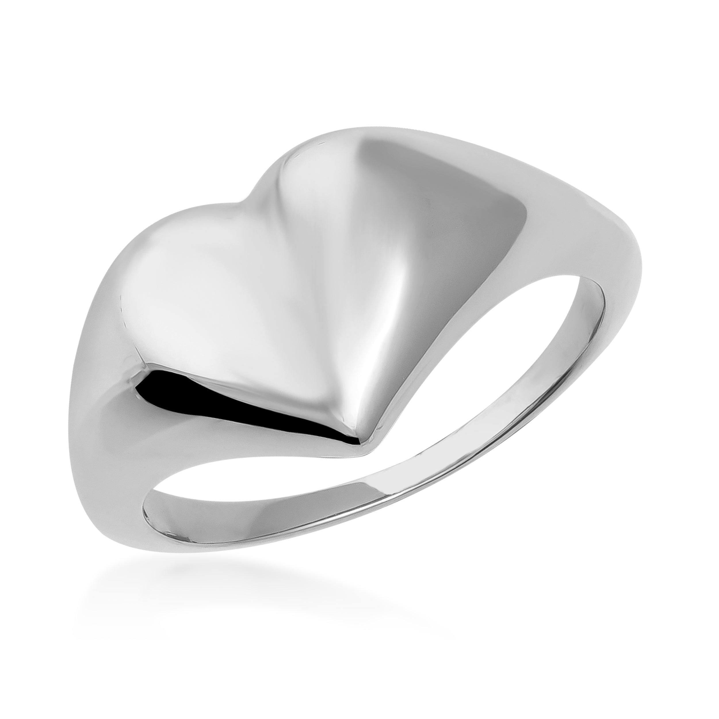 Polished gold heart-shaped ring with a modern minimalist design on white background