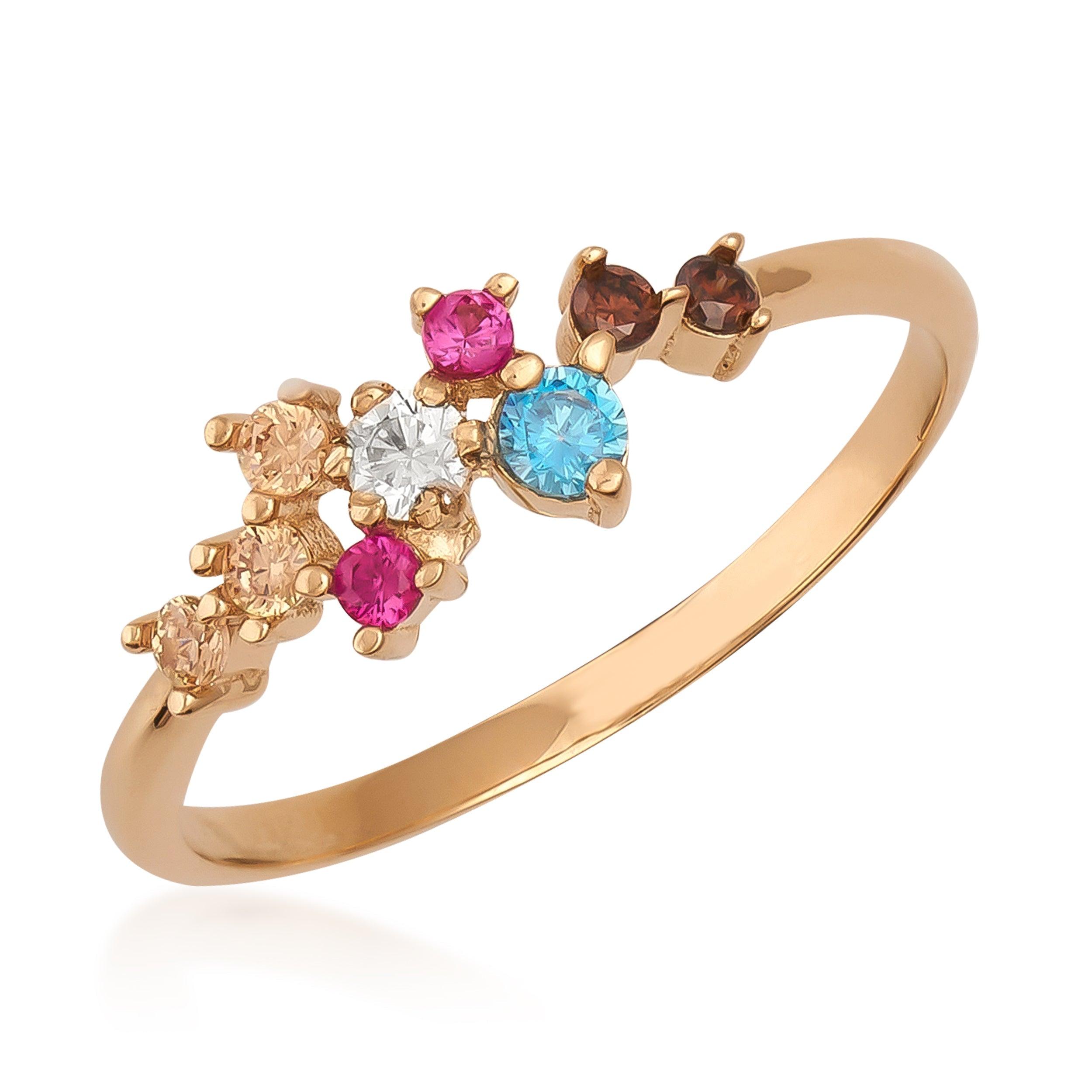 Gold ring with multicolored gemstones in a unique cluster design, fine jewelry photography