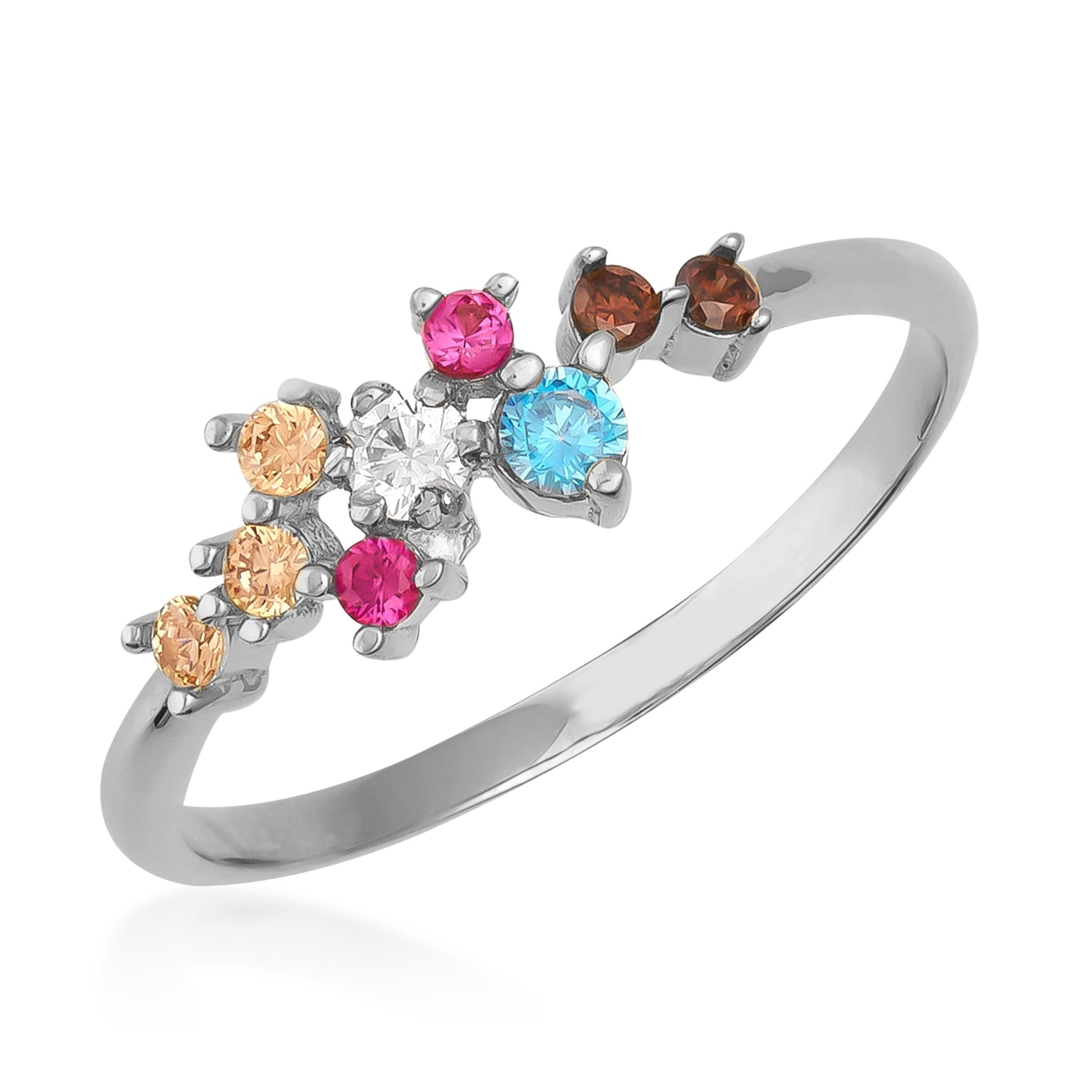 Silver band ring with multicolor gemstones in pink, blue, orange, brown, and clear settings