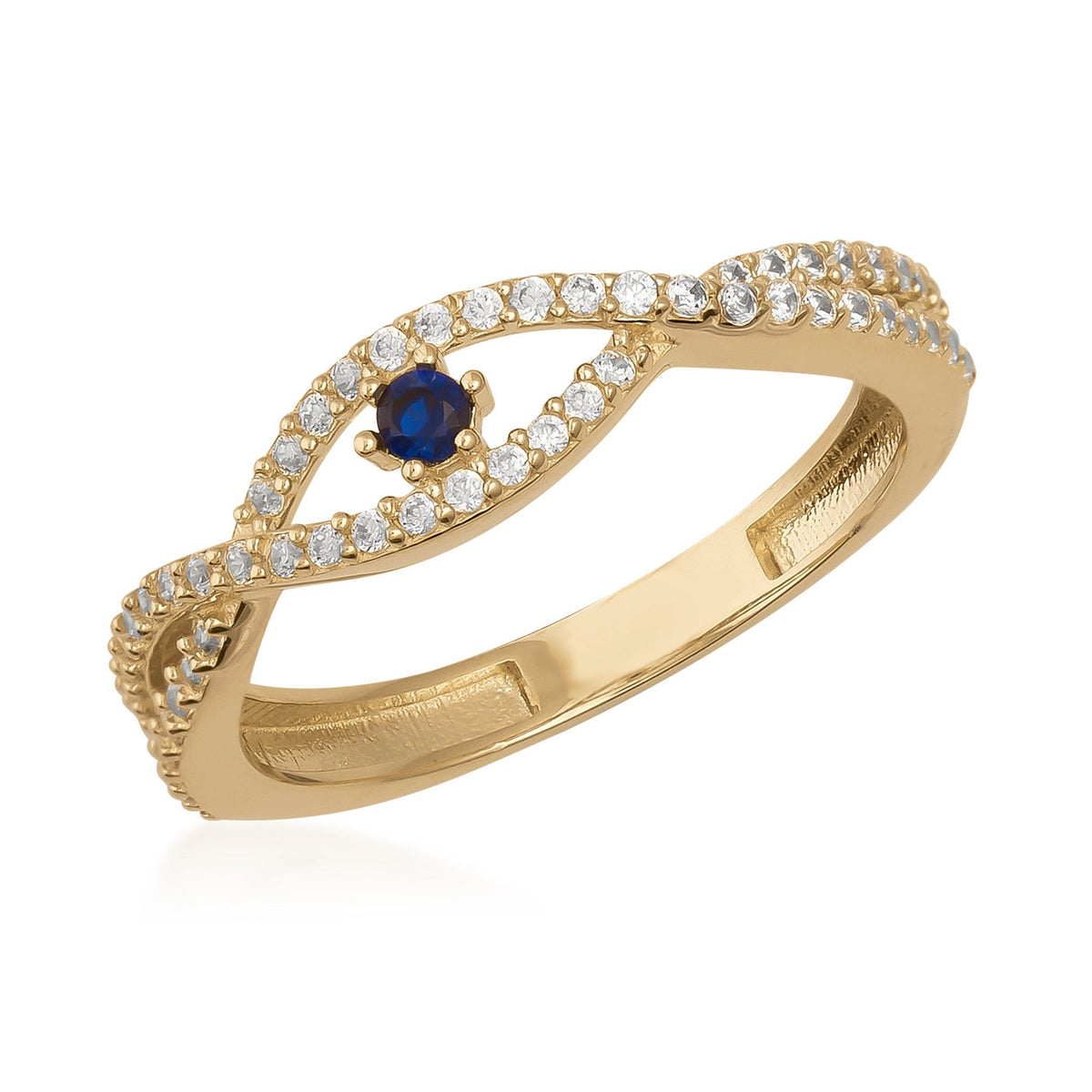 14K gold ring with blue center stone and pavé white cubic zirconia in twisted design on white background