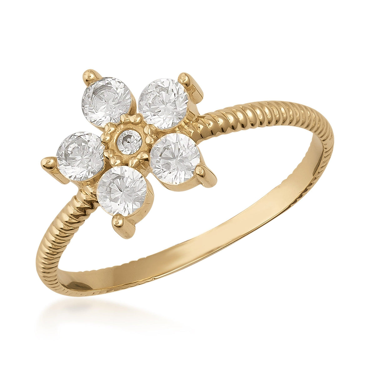 14K gold ring with six round-cut clear stones in a floral cluster design on textured band