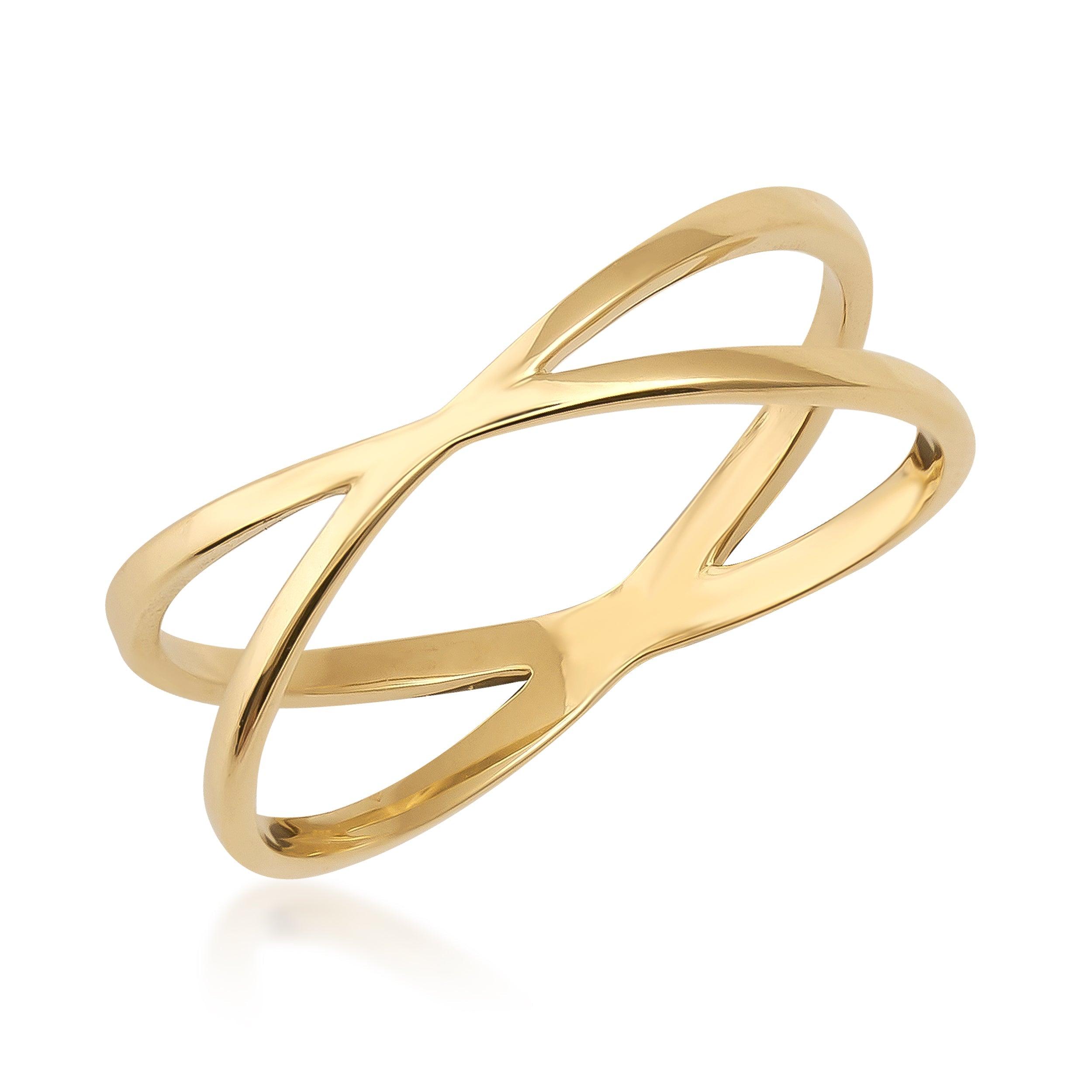 Minimalist gold criss cross ring with open band design on white background