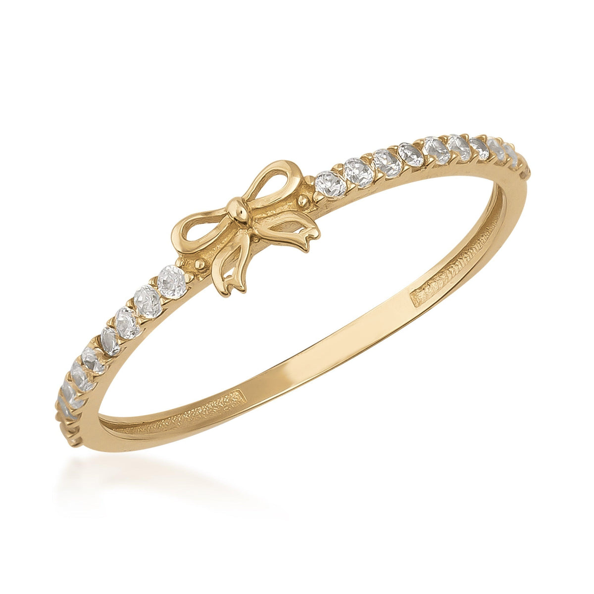 14K gold ring with bow design and pavé set round cubic zirconia on white background