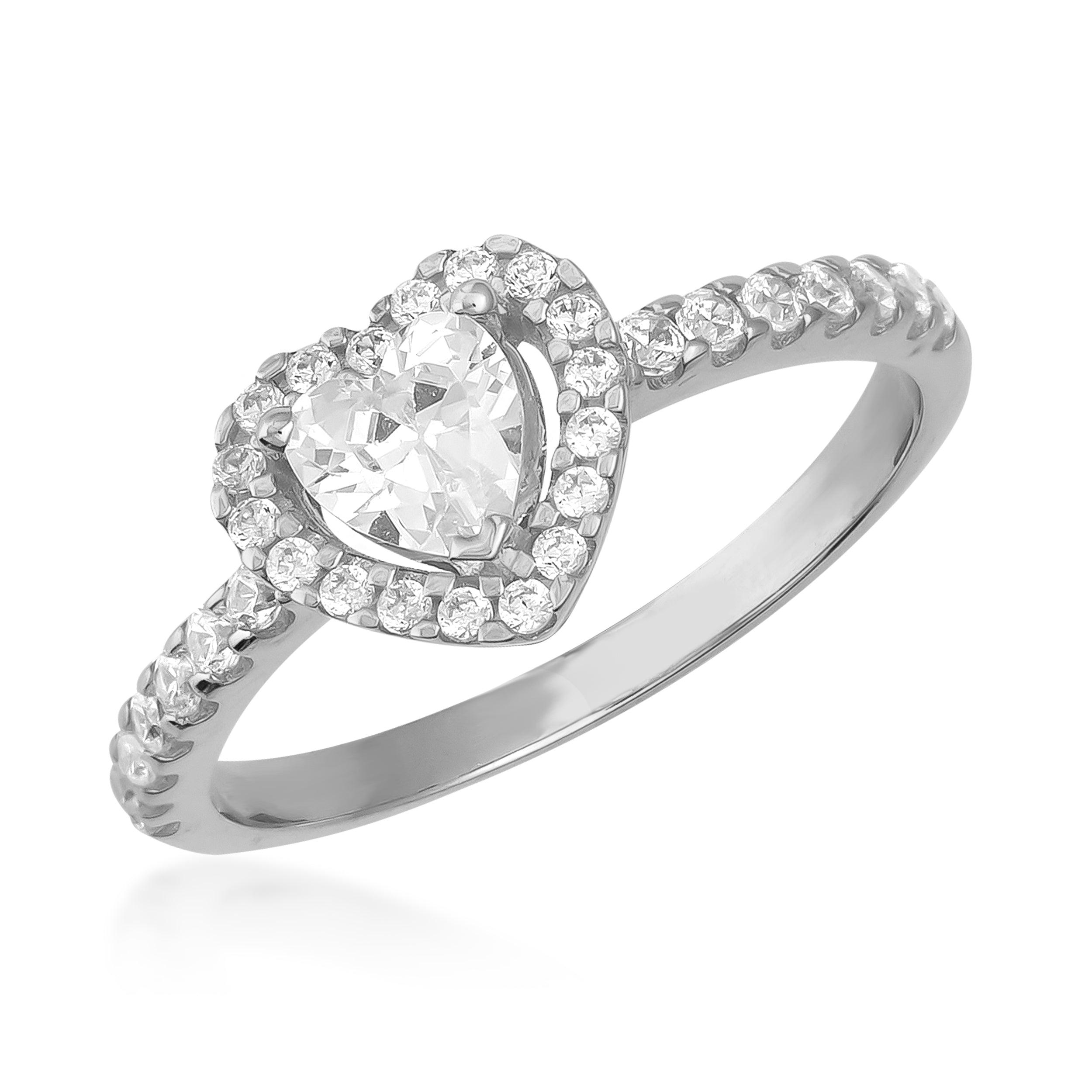 Heart-shaped diamond ring with pavé band, silver setting, elegant jewelry design