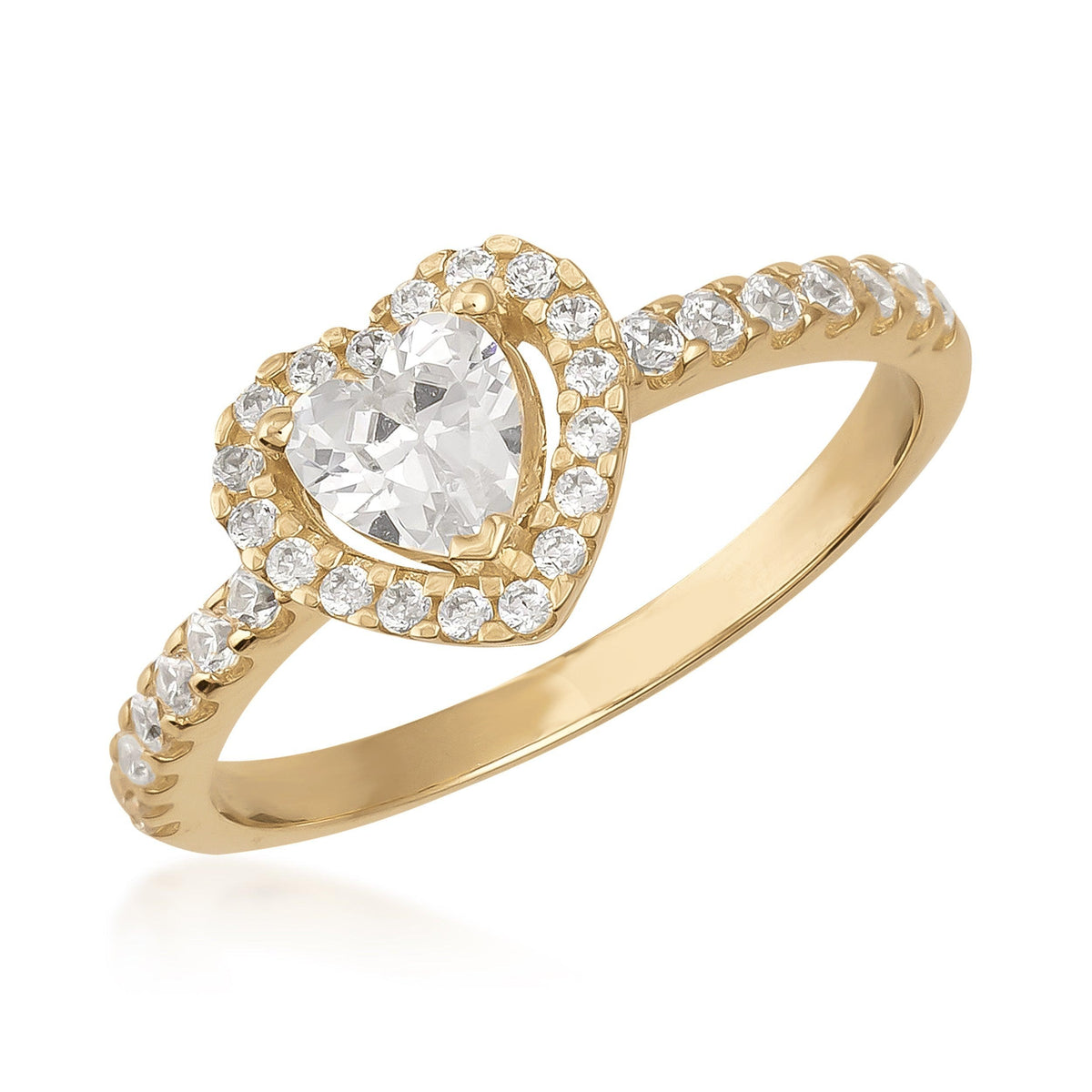 14K gold ring with heart-shaped center stone and pavé cubic zirconia on band and halo