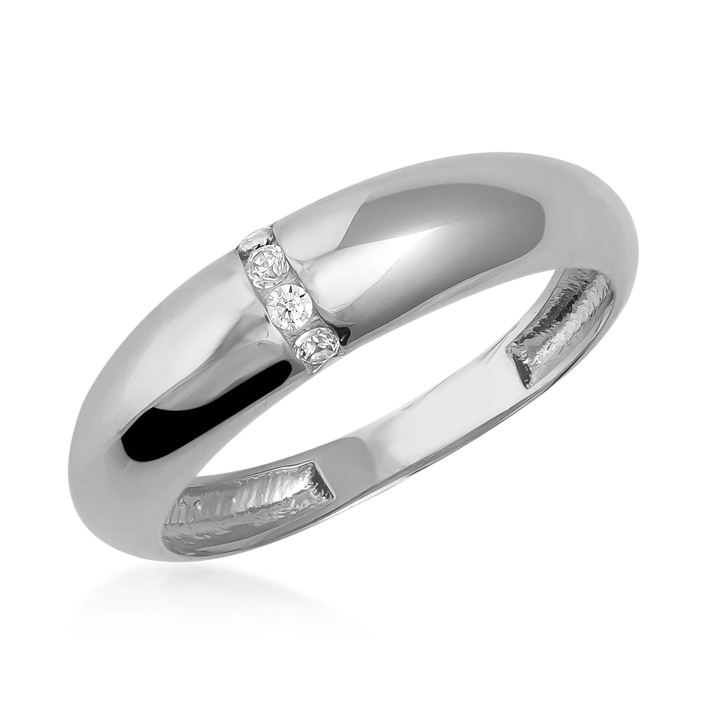 Polished white gold ring with three round diamonds in a row, classic band style