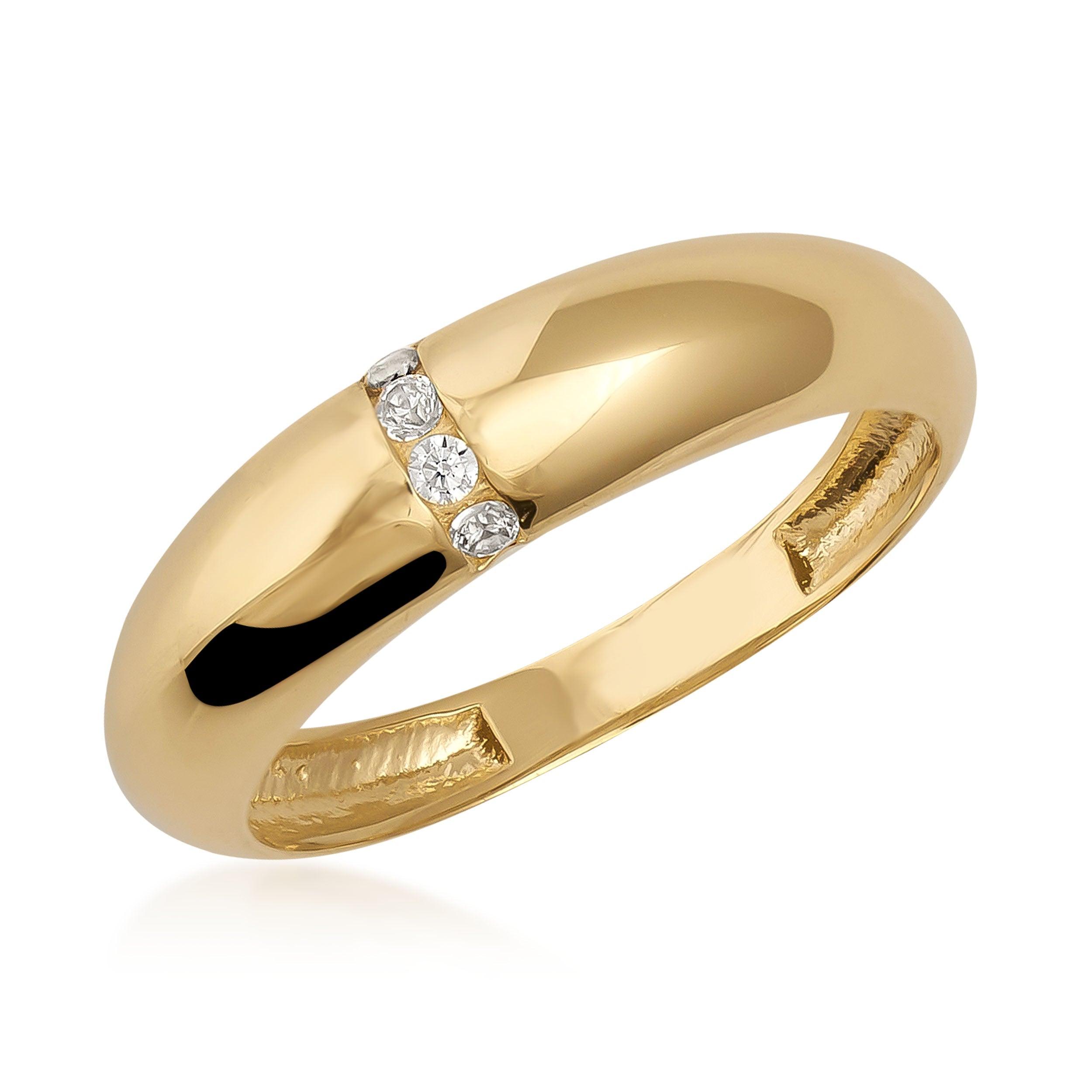 Polished gold ring with three small round diamonds set in a row, elegant jewelry design