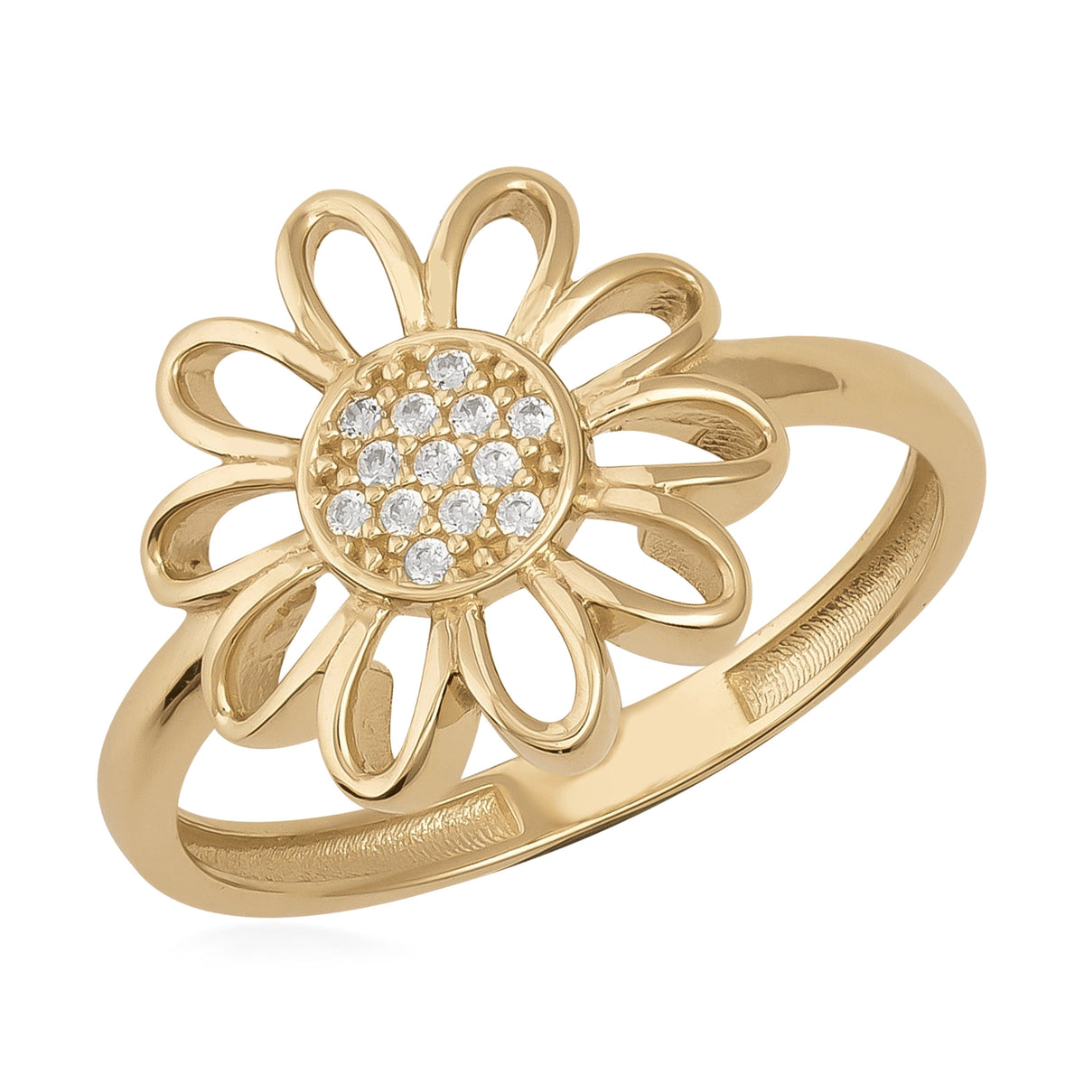 14K gold daisy flower ring with clear cubic zirconia accents and open petal design