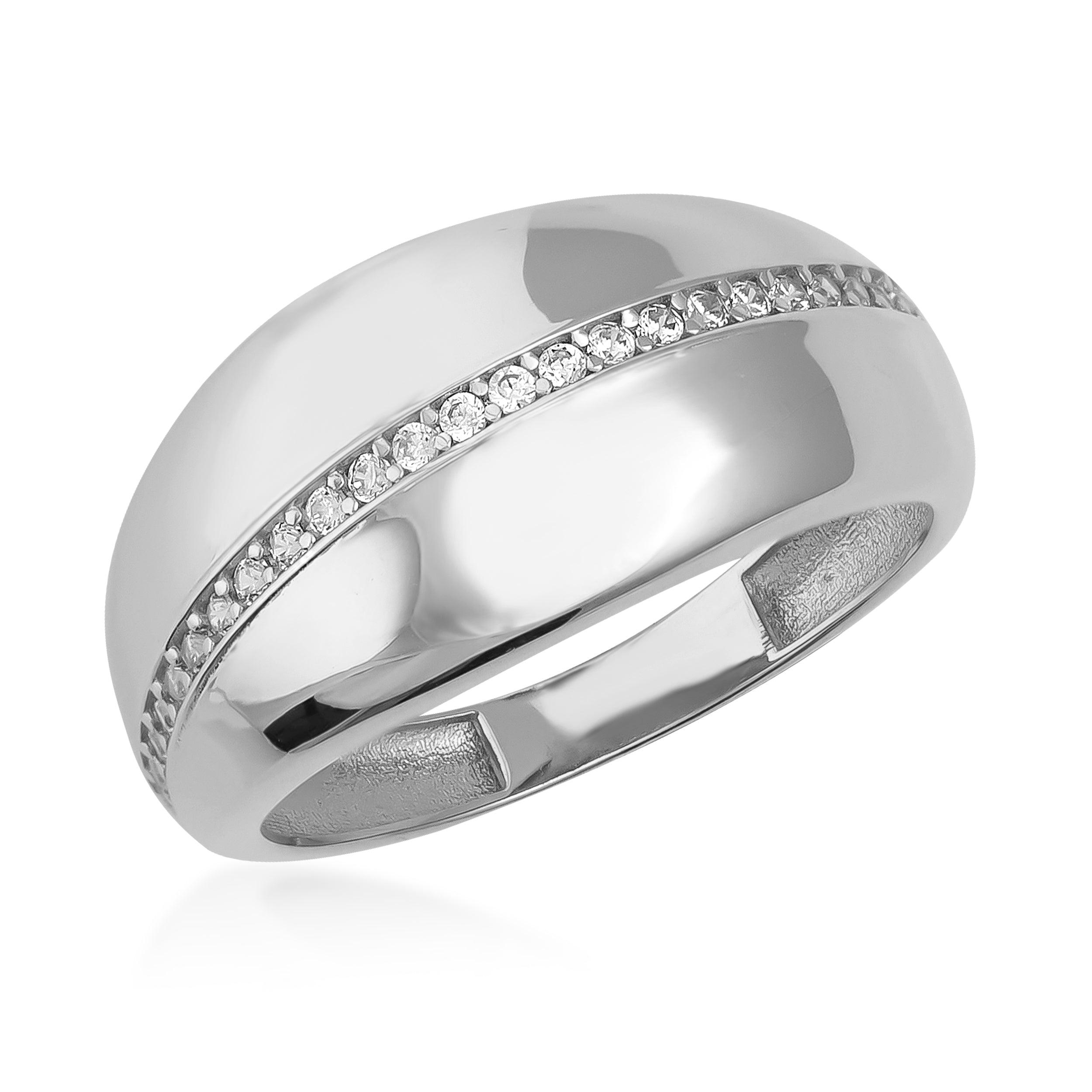 Polished gold ring with a row of sparkling round diamonds on a white background
