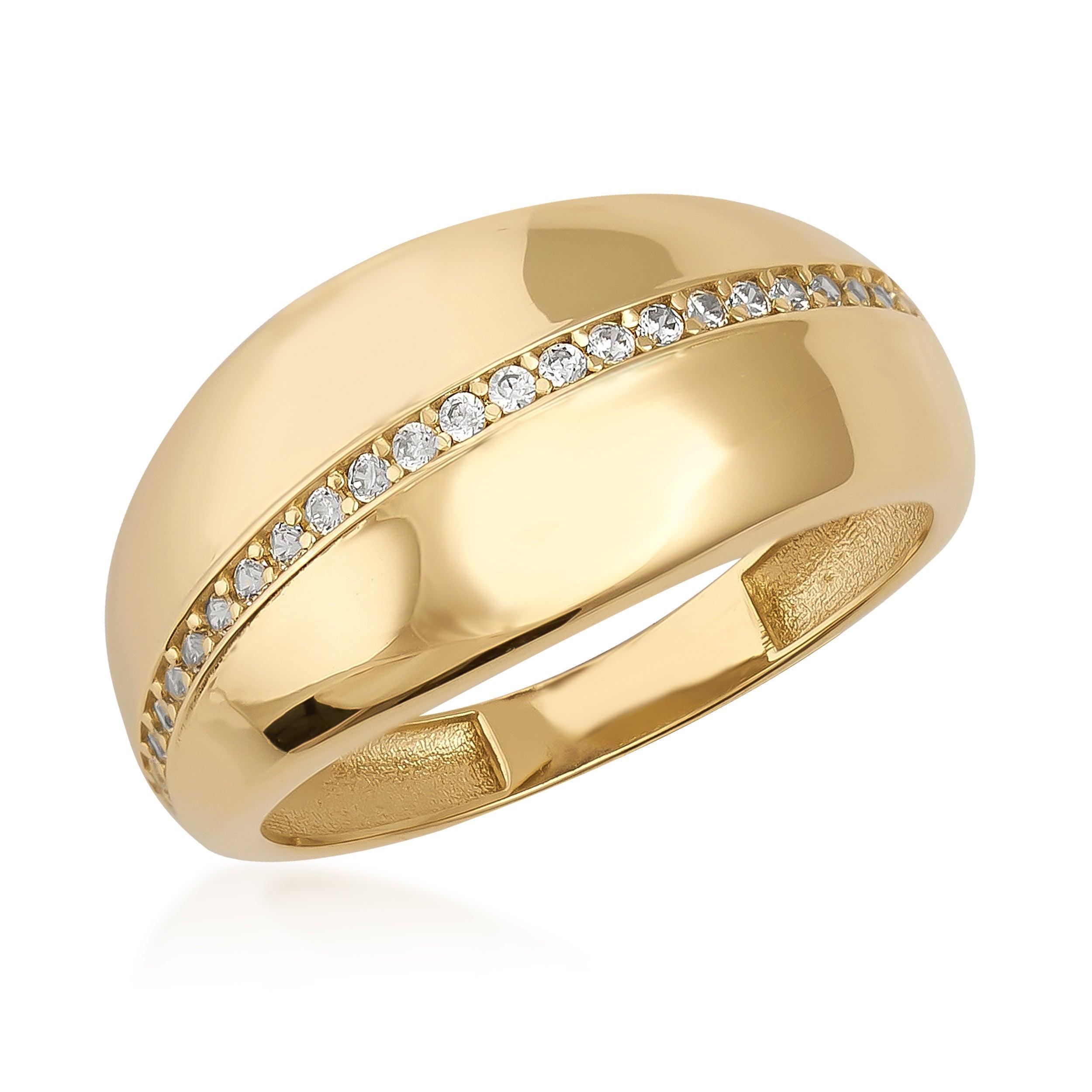 Polished gold ring with a row of sparkling round diamonds set in a diagonal channel.