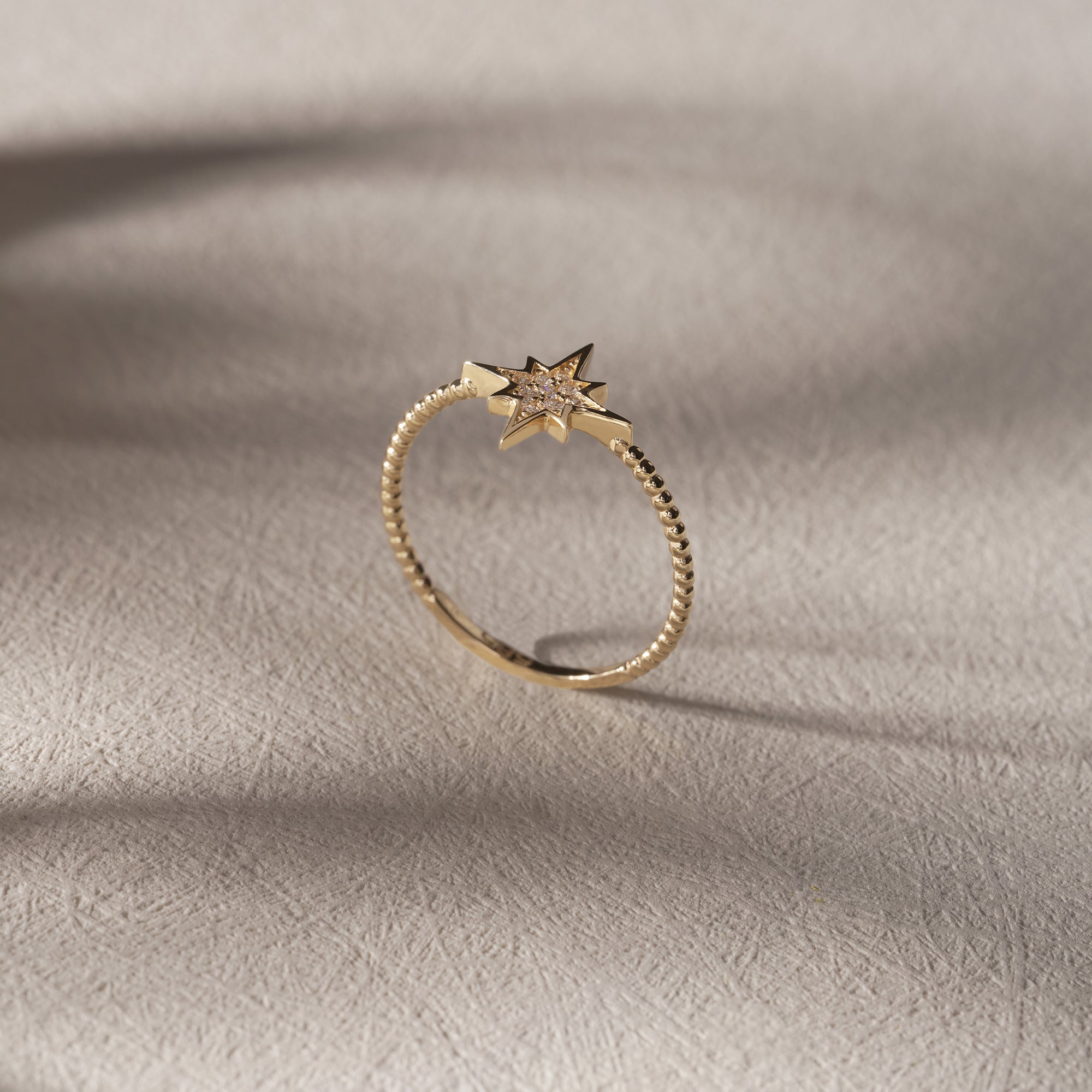 14K Gold North Star Ring – Sparkling Round Zirconia, Beaded Detail on Elegant Band