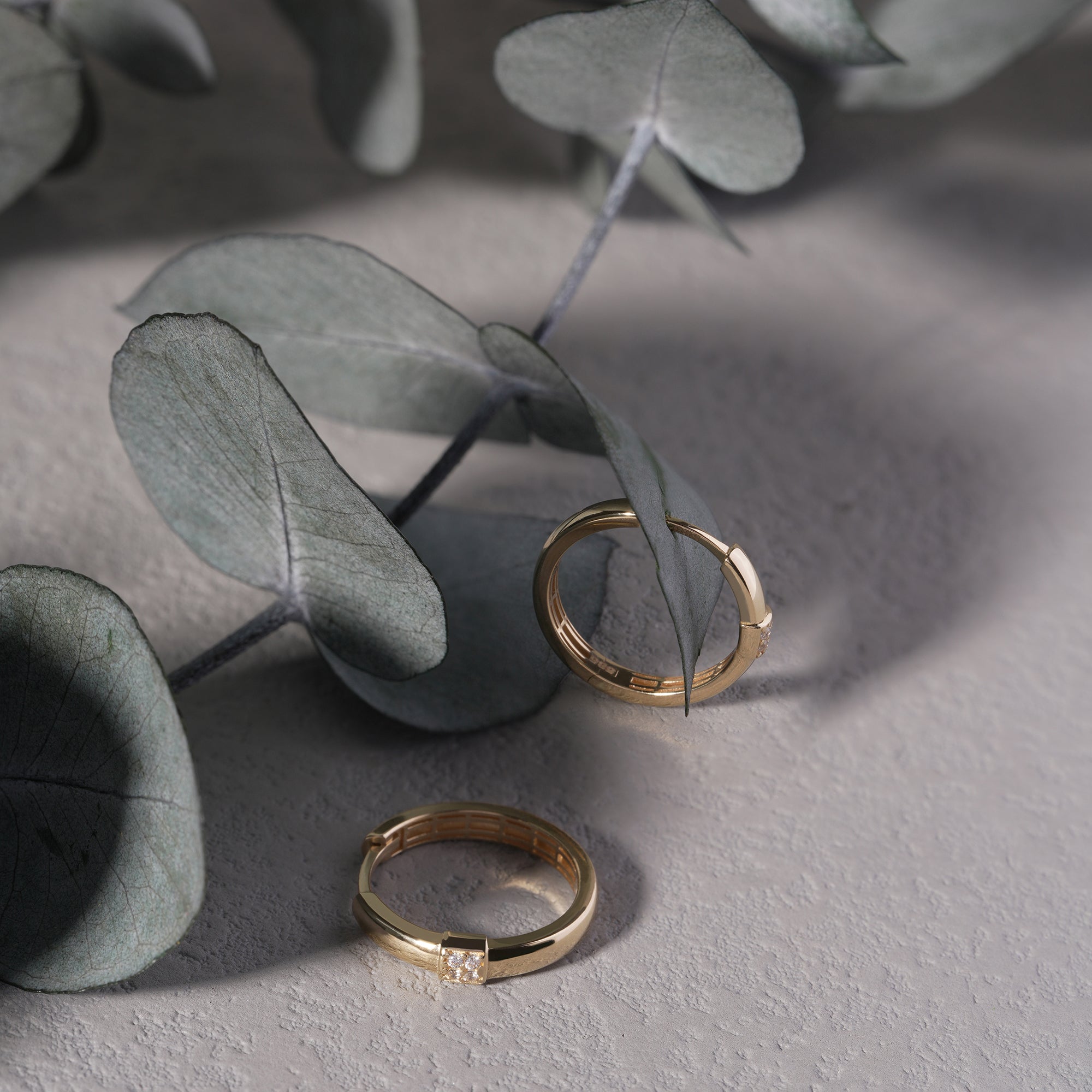 Two gold earring on a light gray surface with eucalyptus leaves.