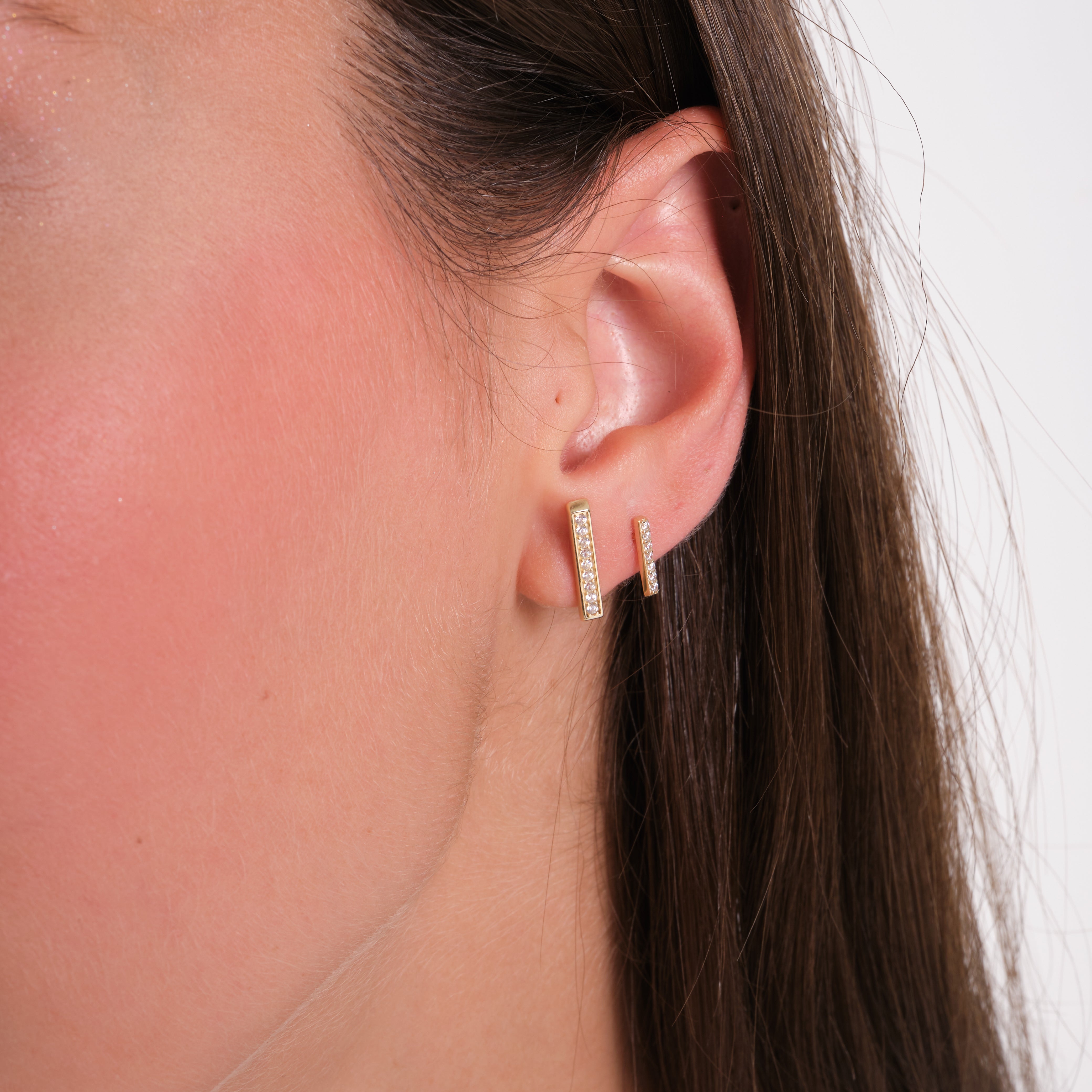 14K Solid Gold Bar Stud Earrings – Minimalist Round Stone Earrings, Two Sizes S & M, Dainty Everyday Jewelry