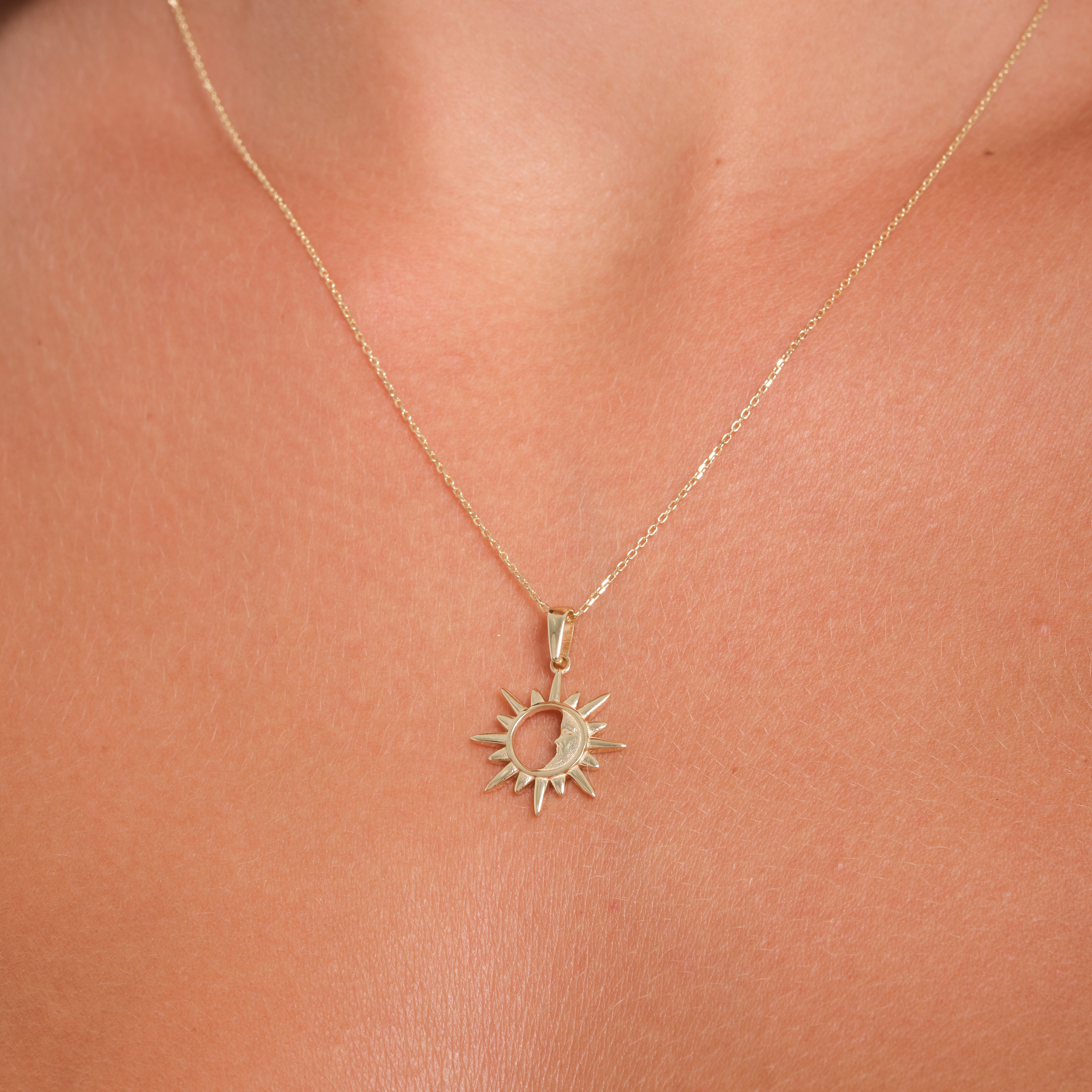 14K Solid Gold Sun Pendant Necklace with Crescent Moon – Minimal Celestial Jewelry