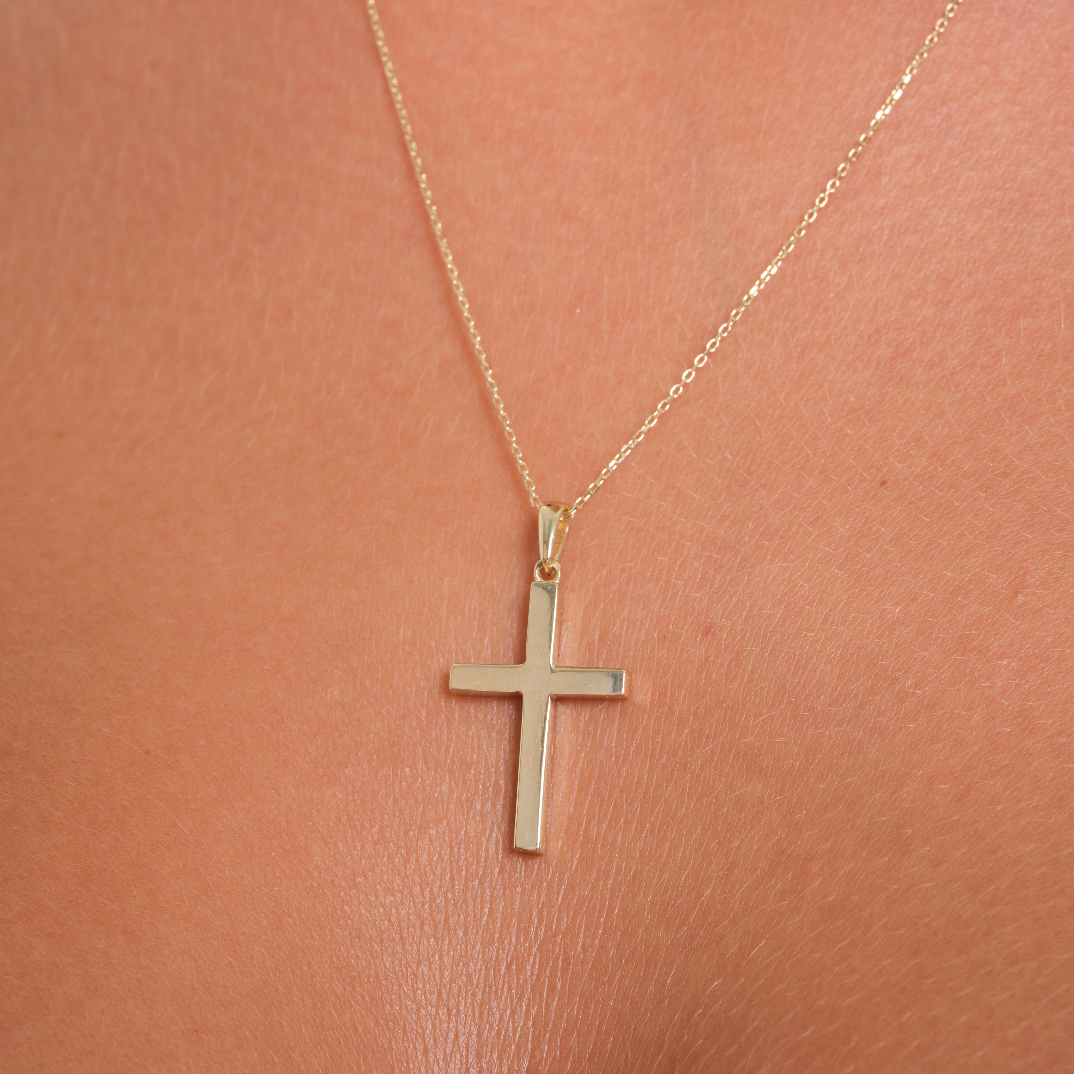14K Solid Gold Cross Pendant Necklace – Minimal Straight-Edge Religious Jewelry for Women & Men