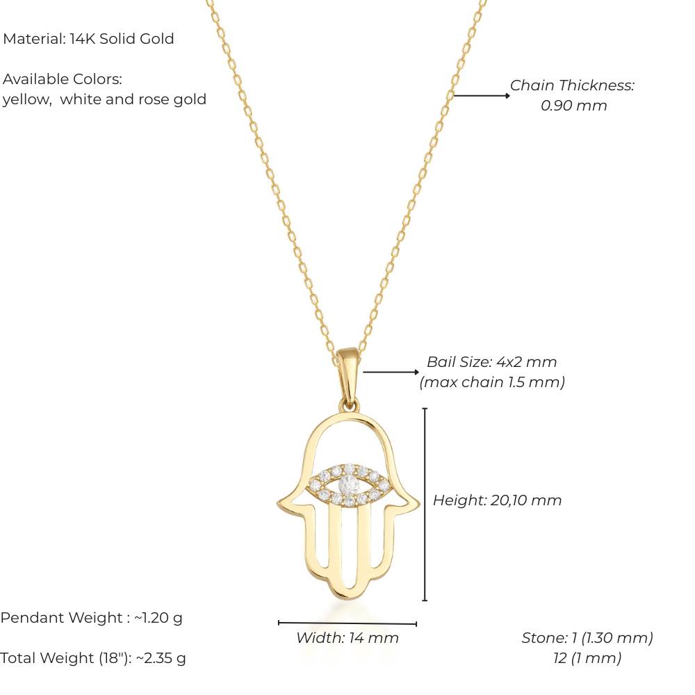 14K gold Hamsa necklace with diamond evil eye pendant, delicate chain, jewelry dimensions shown