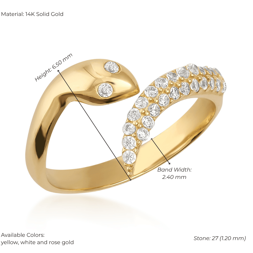 14K solid gold adjustable snake ring with pavé set round gemstones, yellow gold finish