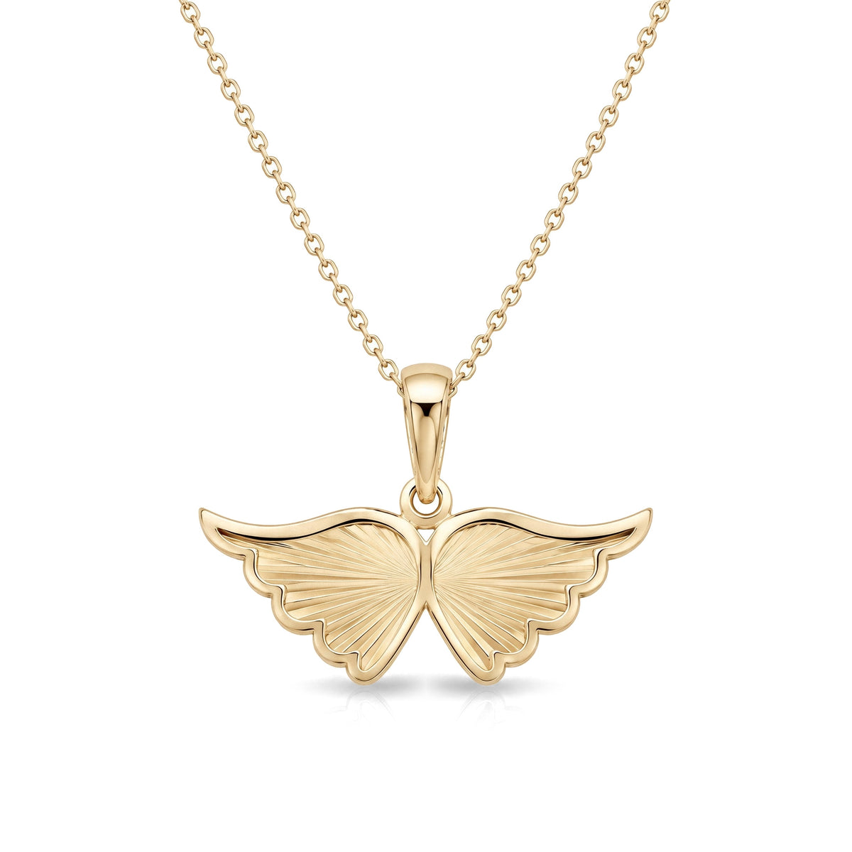 14K yellow gold angel wing necklace, ribbed double wing pendant on a cable chain, on white