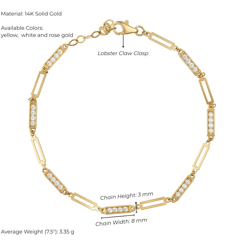 14K gold baguette link bracelet with diamond accents and lobster clasp, chain width 8mm