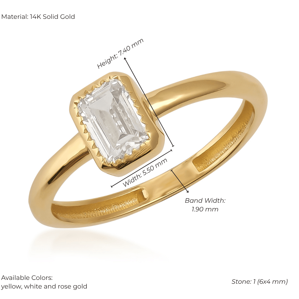 14K solid gold ring with rectangular baguette-cut gemstone, measurements labeled, minimalist design
