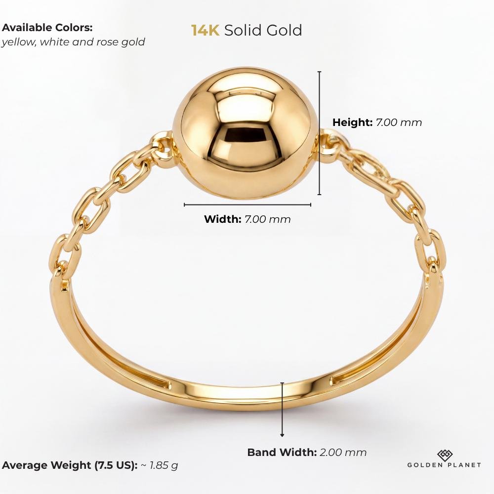 Product info graphic for 14K gold ball ring, showing available colors, band width, sphere diameter, average weight