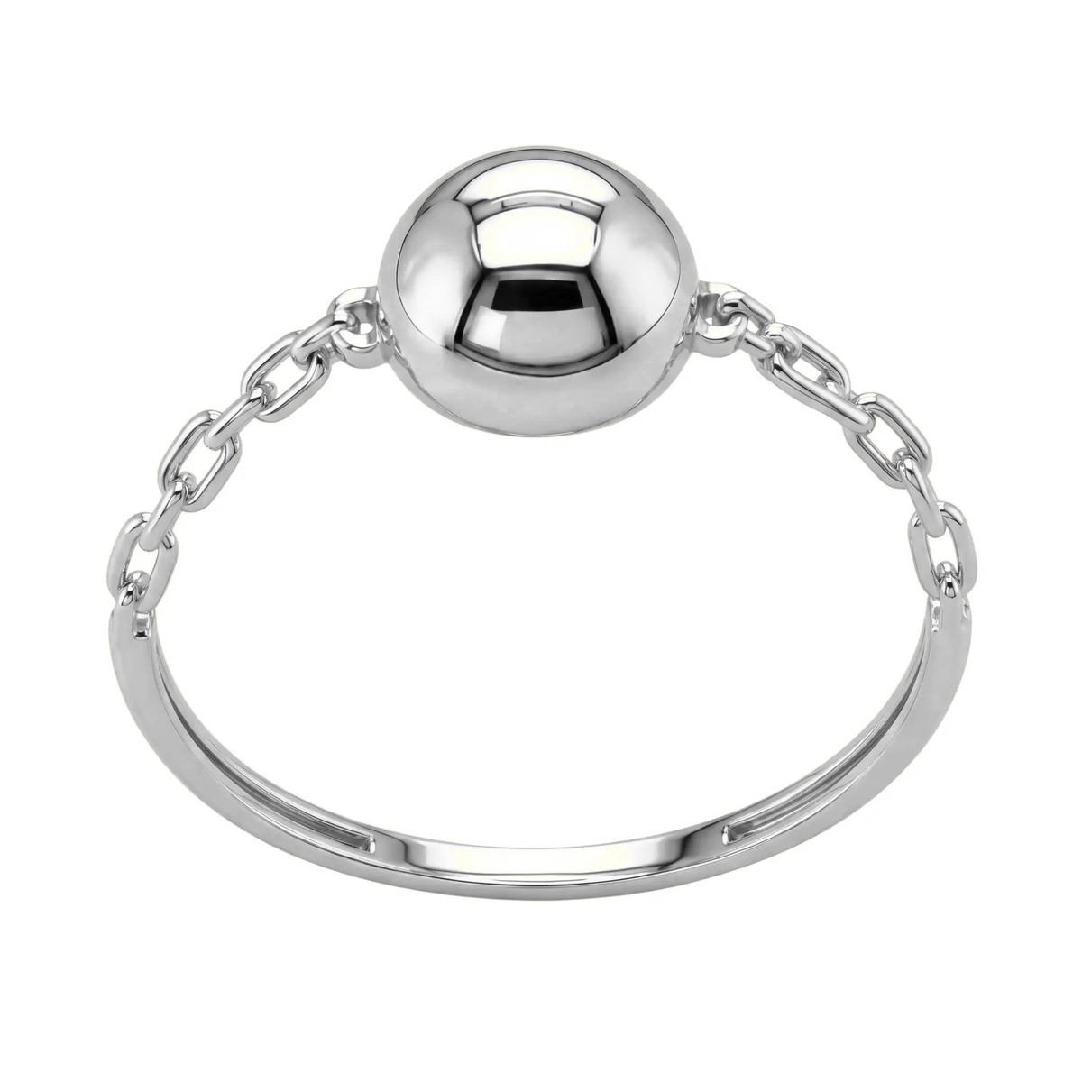 14K white gold ball ring, polished sphere held by chain links on a slim band, front view