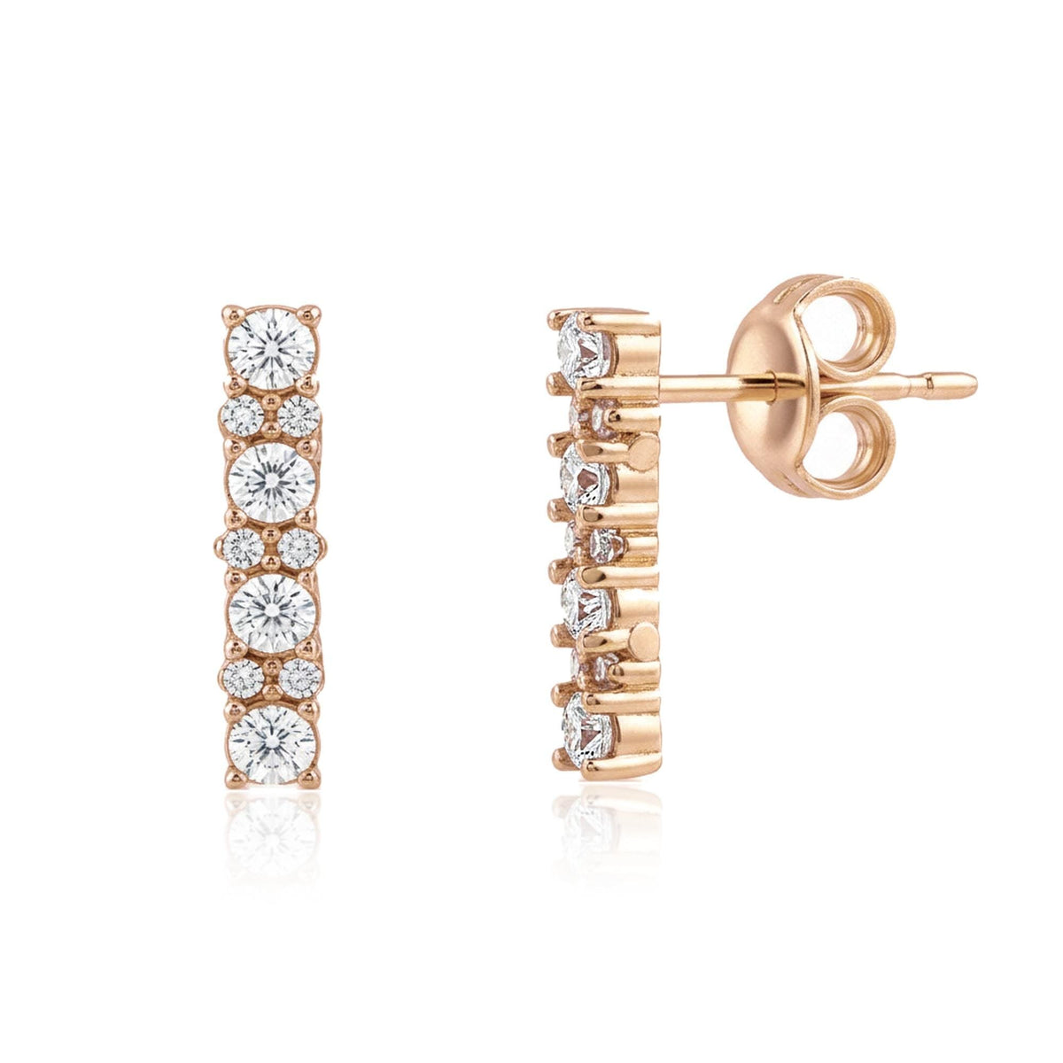 14K rose gold bar stud earrings with cubic zirconia, front and side view showing post and backing