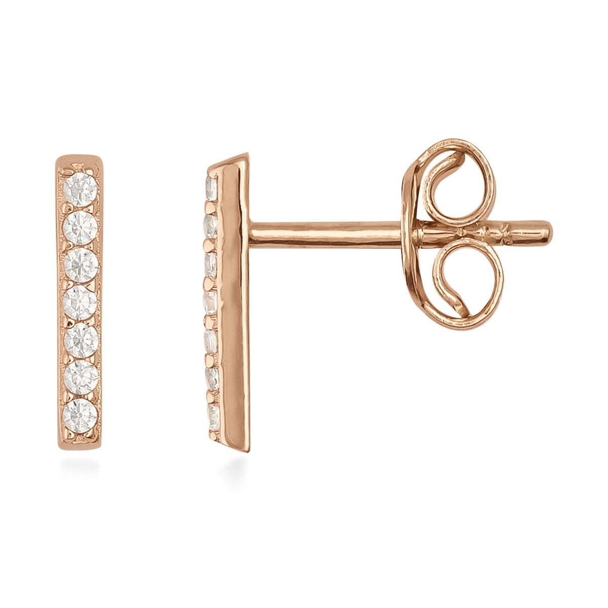 14K rose gold bar stud earrings with small round cubic zirconia set in a vertical row