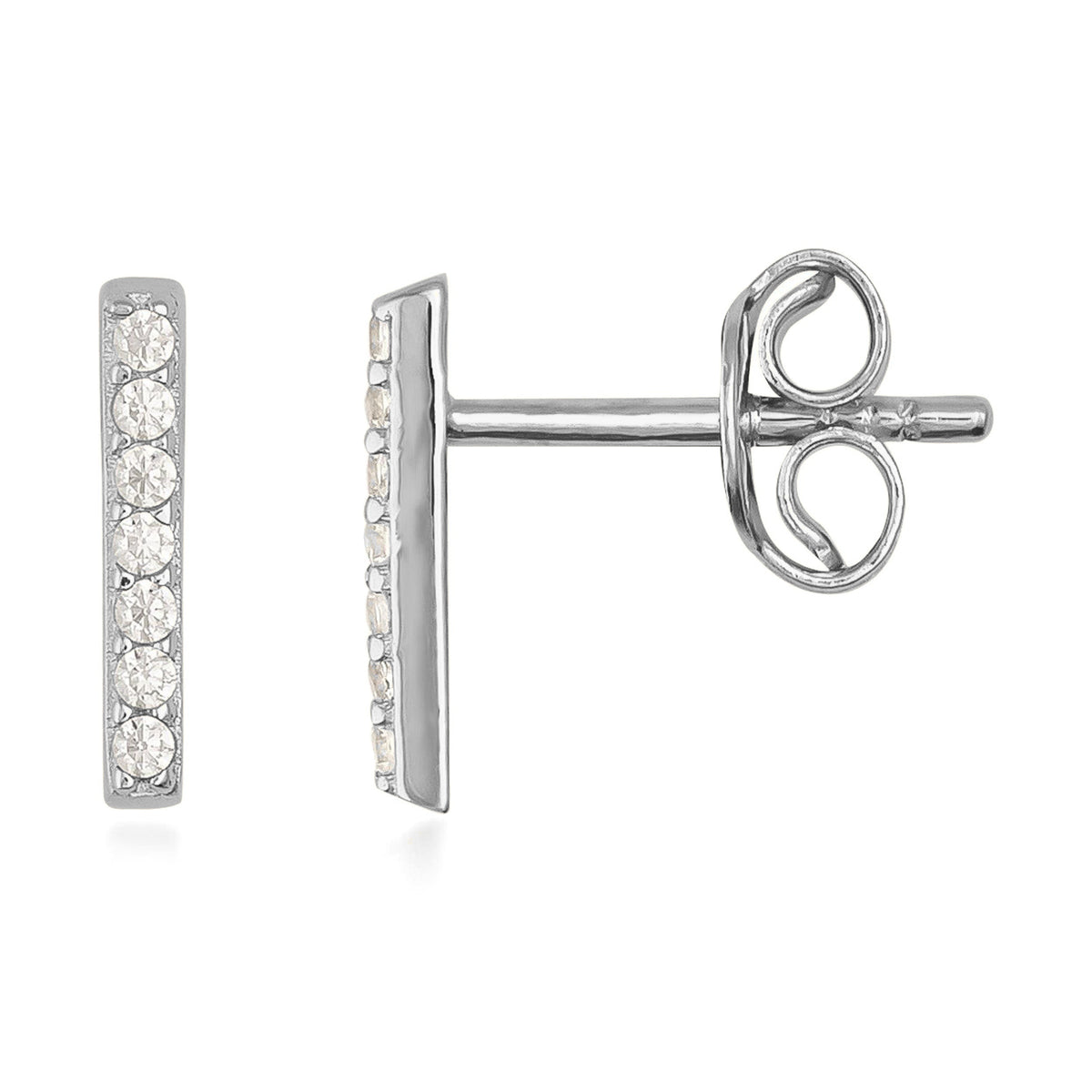14K white gold bar stud earrings with small round cubic zirconia, minimalist design on white background