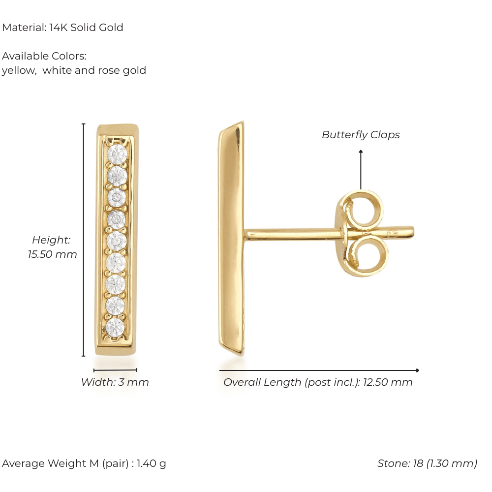 14K gold bar stud earrings with round stones, butterfly backs, and precise measurements