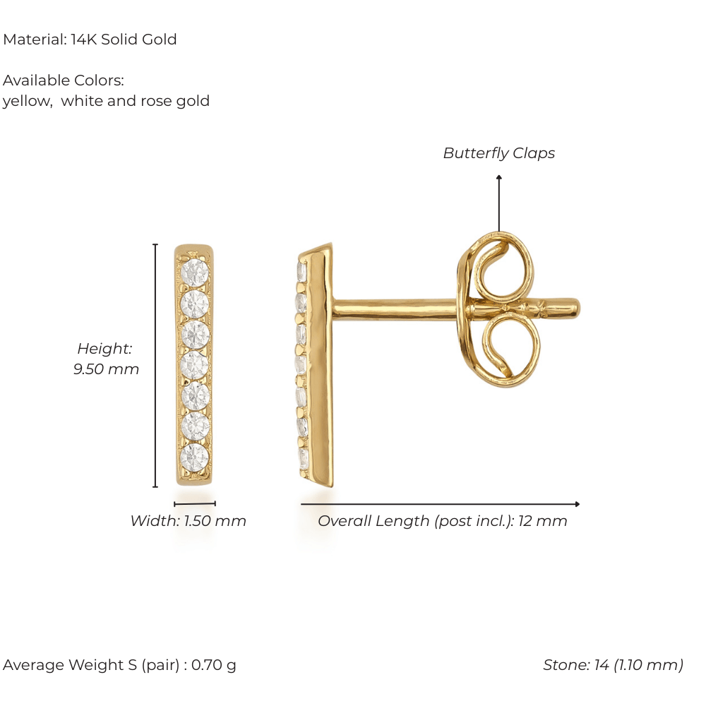 14K solid gold bar stud earrings with round diamonds, butterfly clasps, and product dimensions labeled