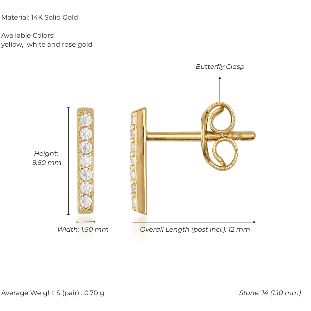 14K gold bar stud earrings with round cubic zirconia, butterfly clasps, and product dimensions labeled