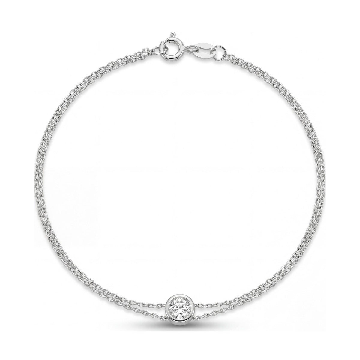 14K white gold bezel bracelet, double cable chain with one round bezel-set clear stone, on white