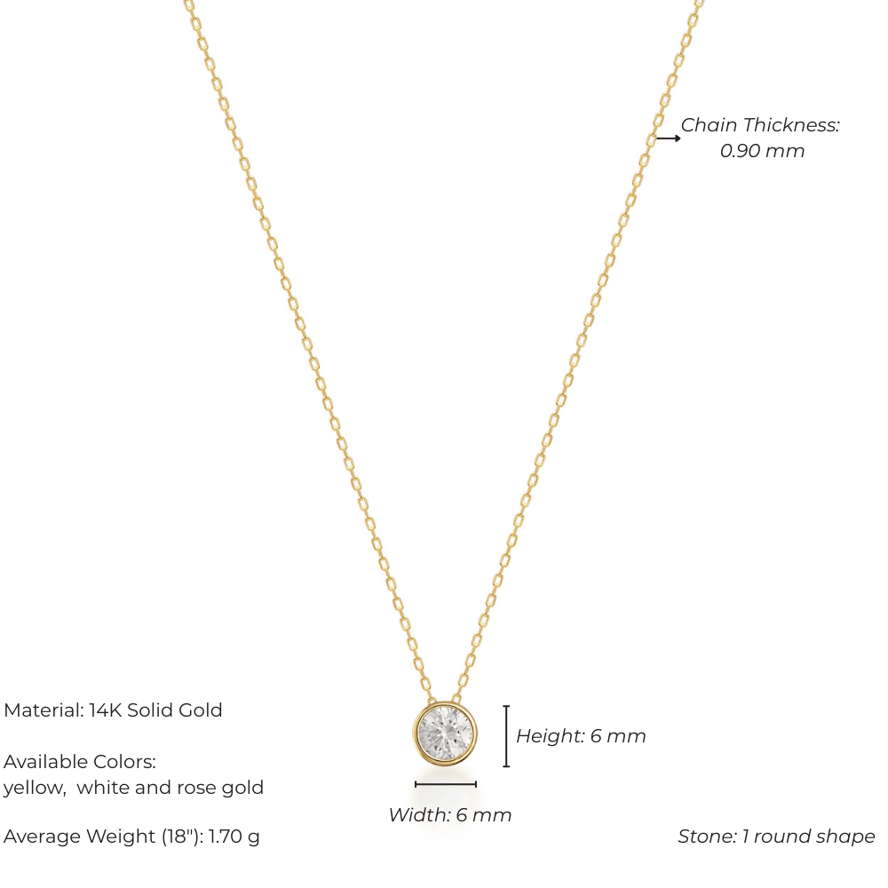 14k solid gold bezel necklace with round stone pendant, 0.90mm chain, 6mm pendant