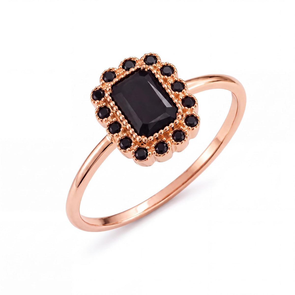 14K rose gold black cubic zirconia ring on white